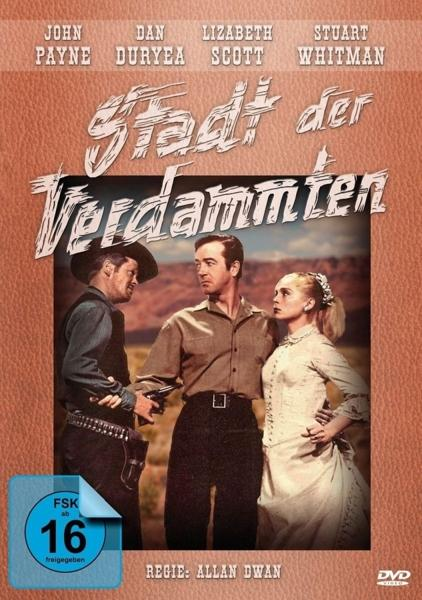 DVD-Cover: Westernfilm mit drei Figuren, Titel „Stadt der Verdammten“.