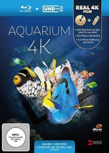 Blu-ray-Disc-Cover: Aquarium 4K. Zeigt bunte Fische in einer Unterwasserszene.