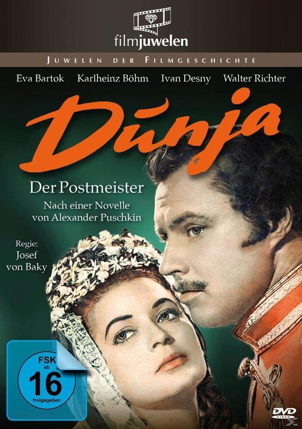 Filmplakat, zwei Personen im Vordergrund, schwarzer Hintergrund, deutscher Text. 'Dünja Der Postmeister'.