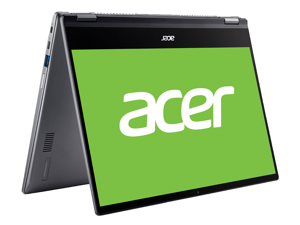 Un portátil Acer, abierto, con una pantalla verde que muestra la palabra 'acer'.