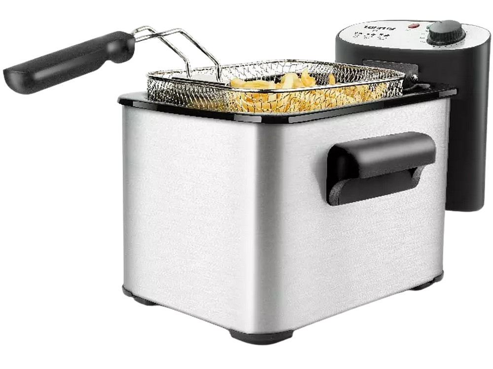Una freidora de acero inoxidable con una cesta de papas fritas cocinadas y un panel de control.