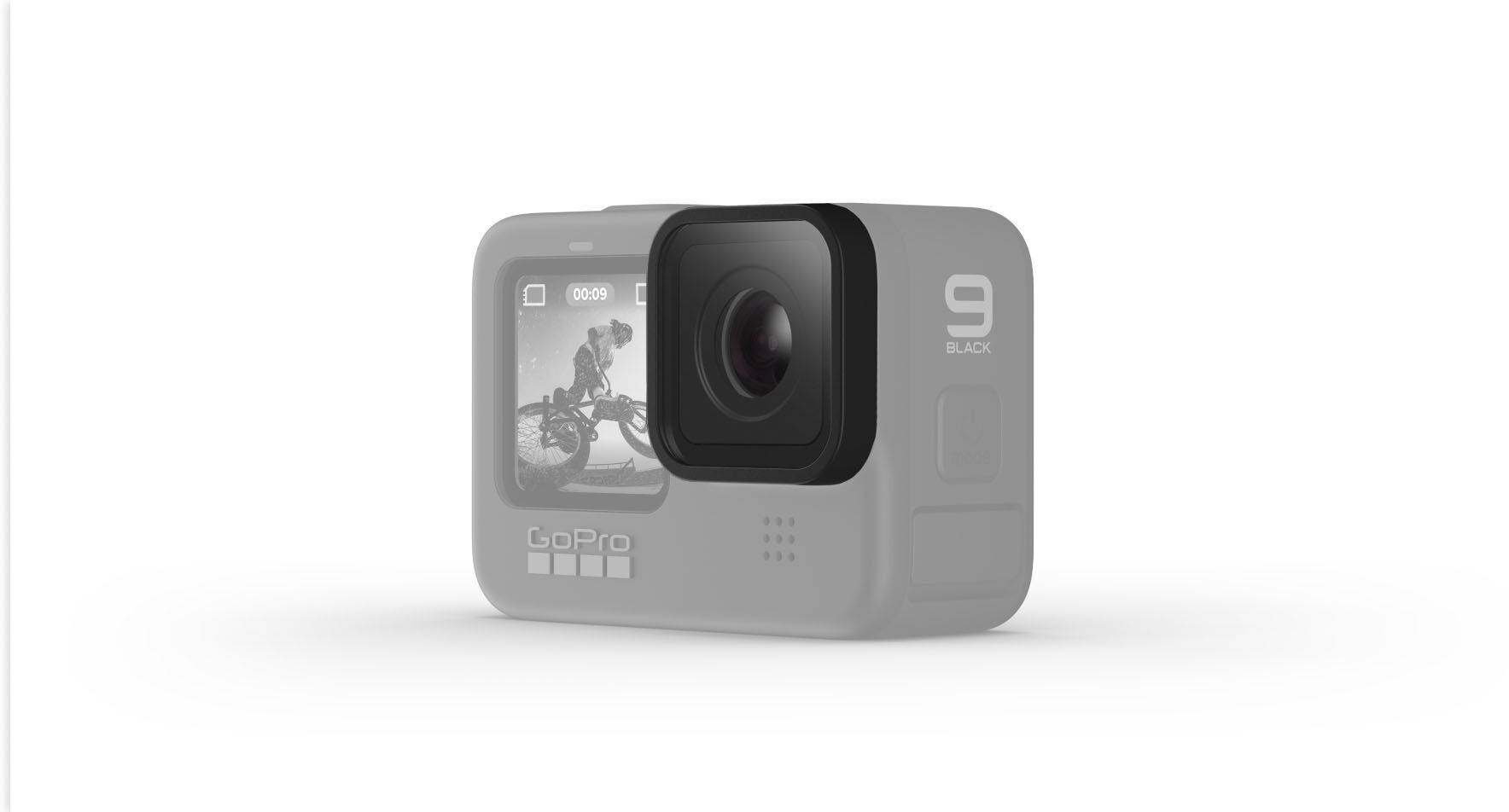 Egy fekete-szürke GoPro kamera, fehér háttérrel, egy képernyőt jelenít meg.