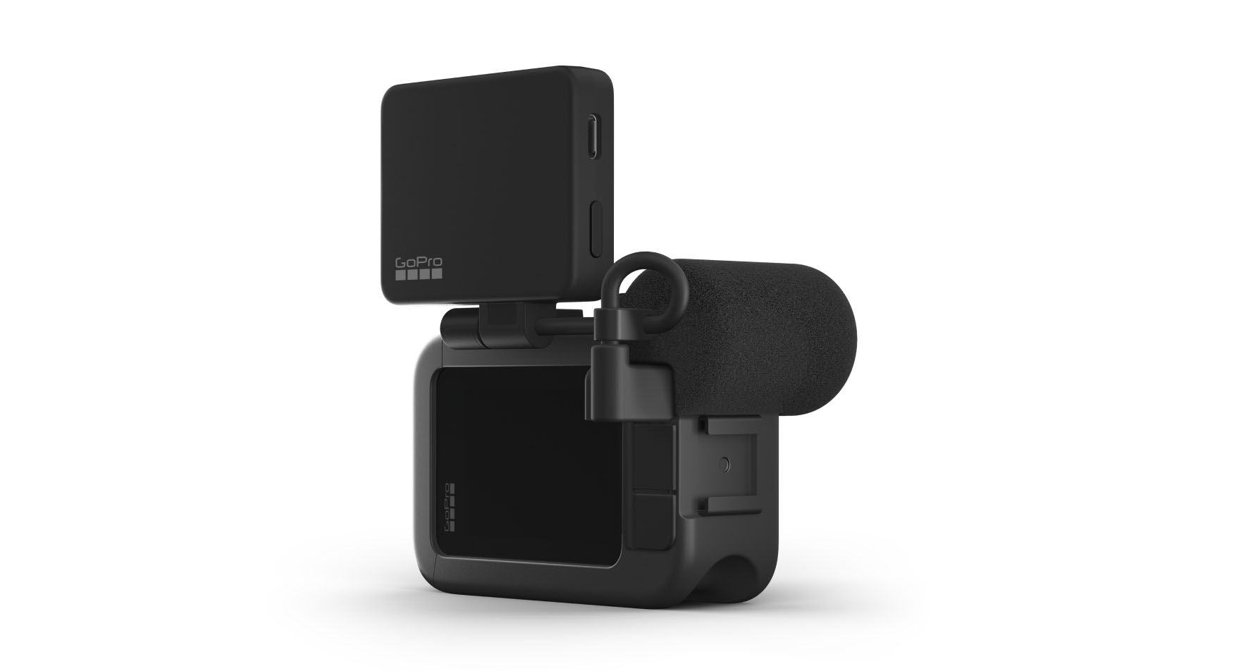 Fekete GoPro kamera képernyővel és mikrofonnal.
