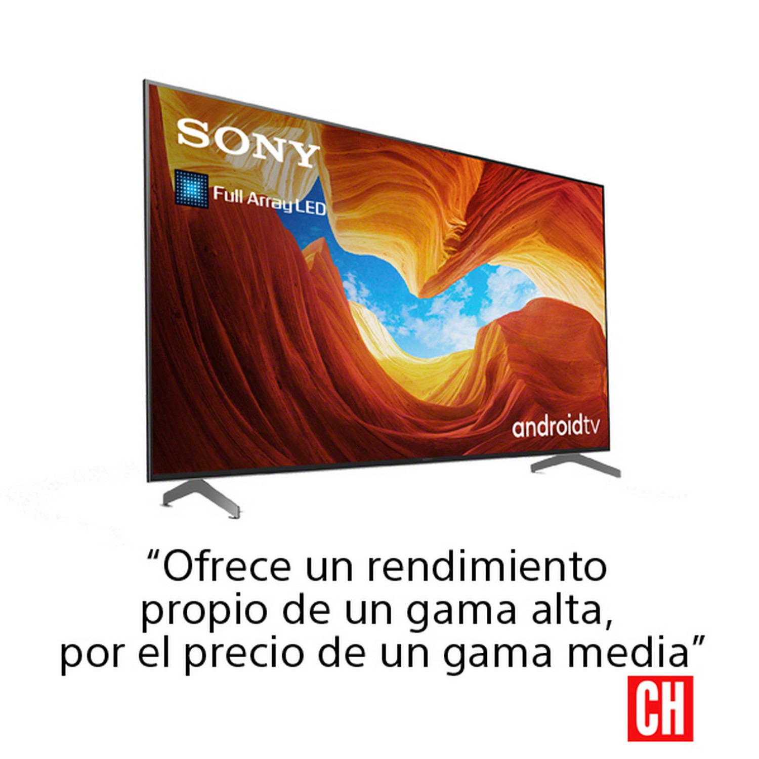 Sony Android TV con escena natural colorida, texto publicitario debajo.
