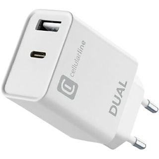 Cargador - CellularLine ACHIPHUSB2PD20WW, 20 W, Cargador de doble puerto para Apple, Blanco