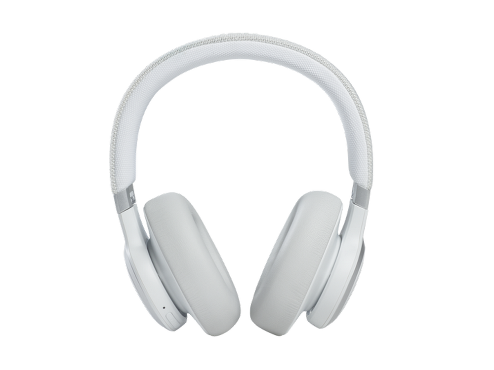Auriculares blancos con diadema y auriculares acolchados. Los auriculares giran.