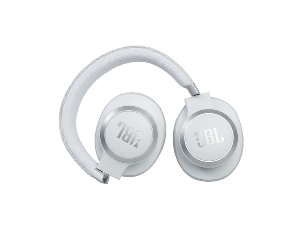 Auriculares JBL blancos, plegados. Logotipo de JBL visible en los auriculares.