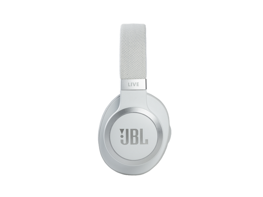 Auriculares JBL blancos. La diadema es de tela blanca, las copas son plateadas.