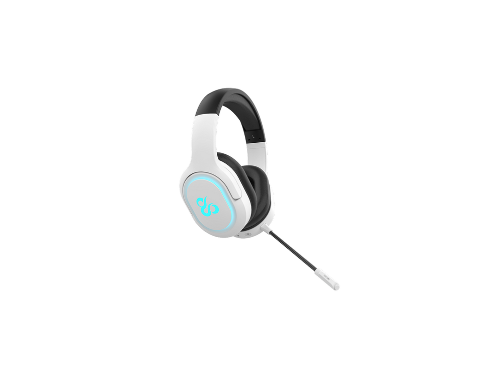 Auriculares para juegos blancos con diadema y micrófono negros. Los auriculares tienen un brillo azul claro.