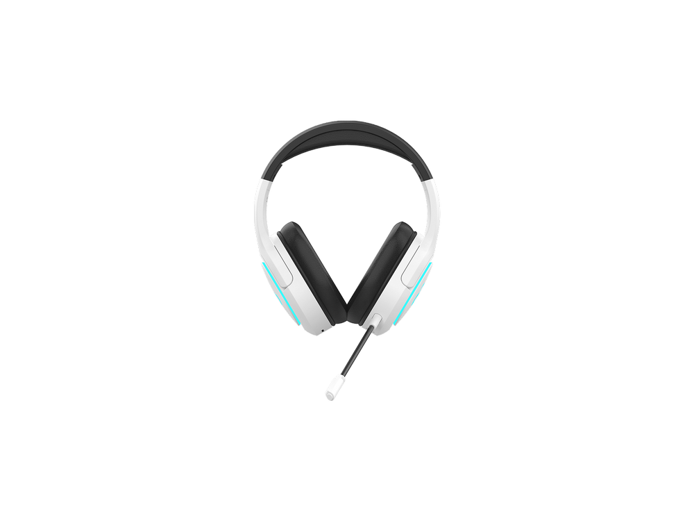 Auriculares gaming blancos y negros con micrófono, sobre fondo negro.
