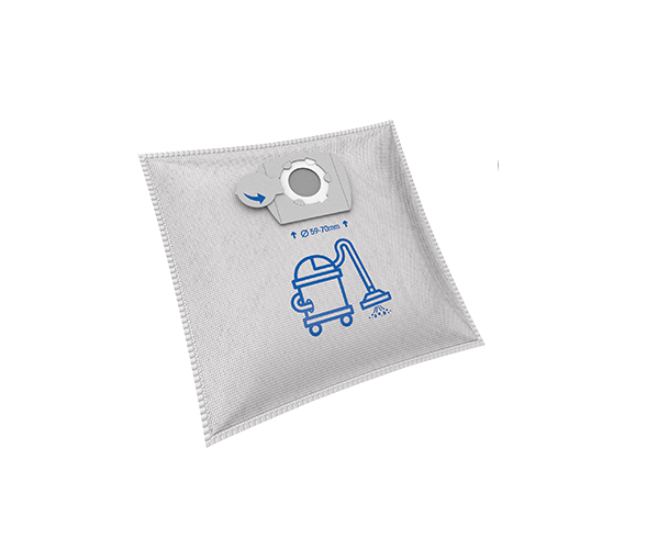 Staubsaugerbeutel mit blauem Staubsauger-Symbol und Pfeil.