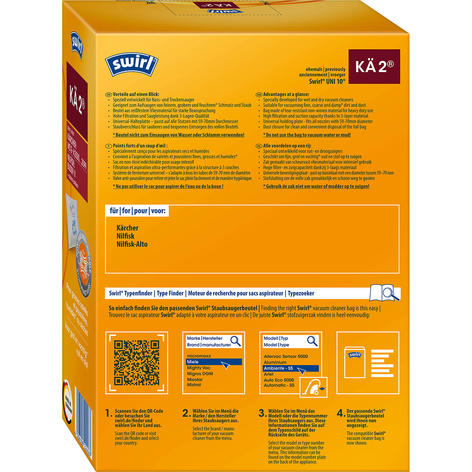 Box von Swirl Staubsaugerbeuteln mit Text und Bildern. Gelbe und braune Farben.