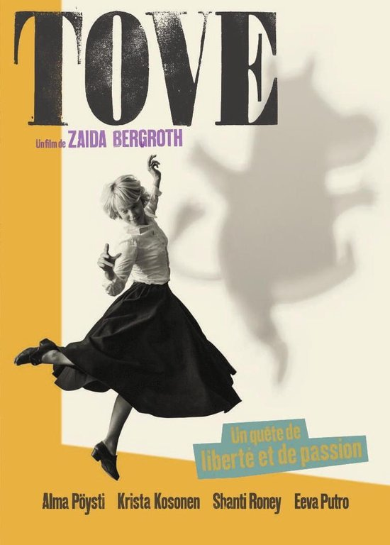 Filmposter van een dansende vrouw, met een schaduw, op een gele achtergrond.
