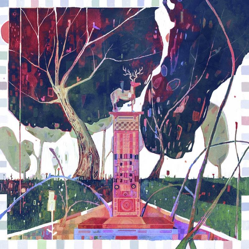 Illustration einer Hirschstatue auf einer Säule in einer farbenfrohen, abstrakten Landschaft.
