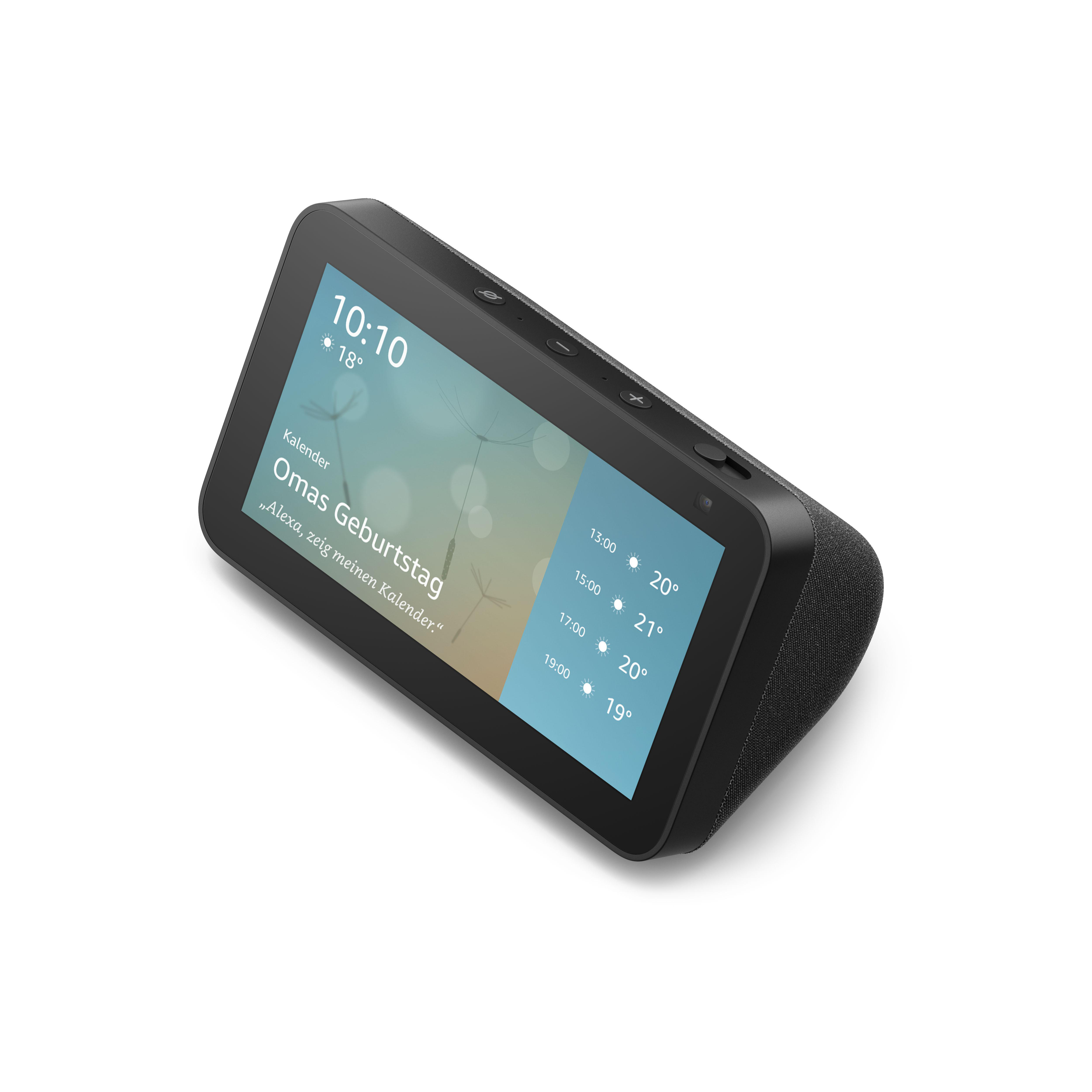 Schwarzes Smart-Display zeigt Kalender und Wetter an. Das Display ist abgewinkelt.