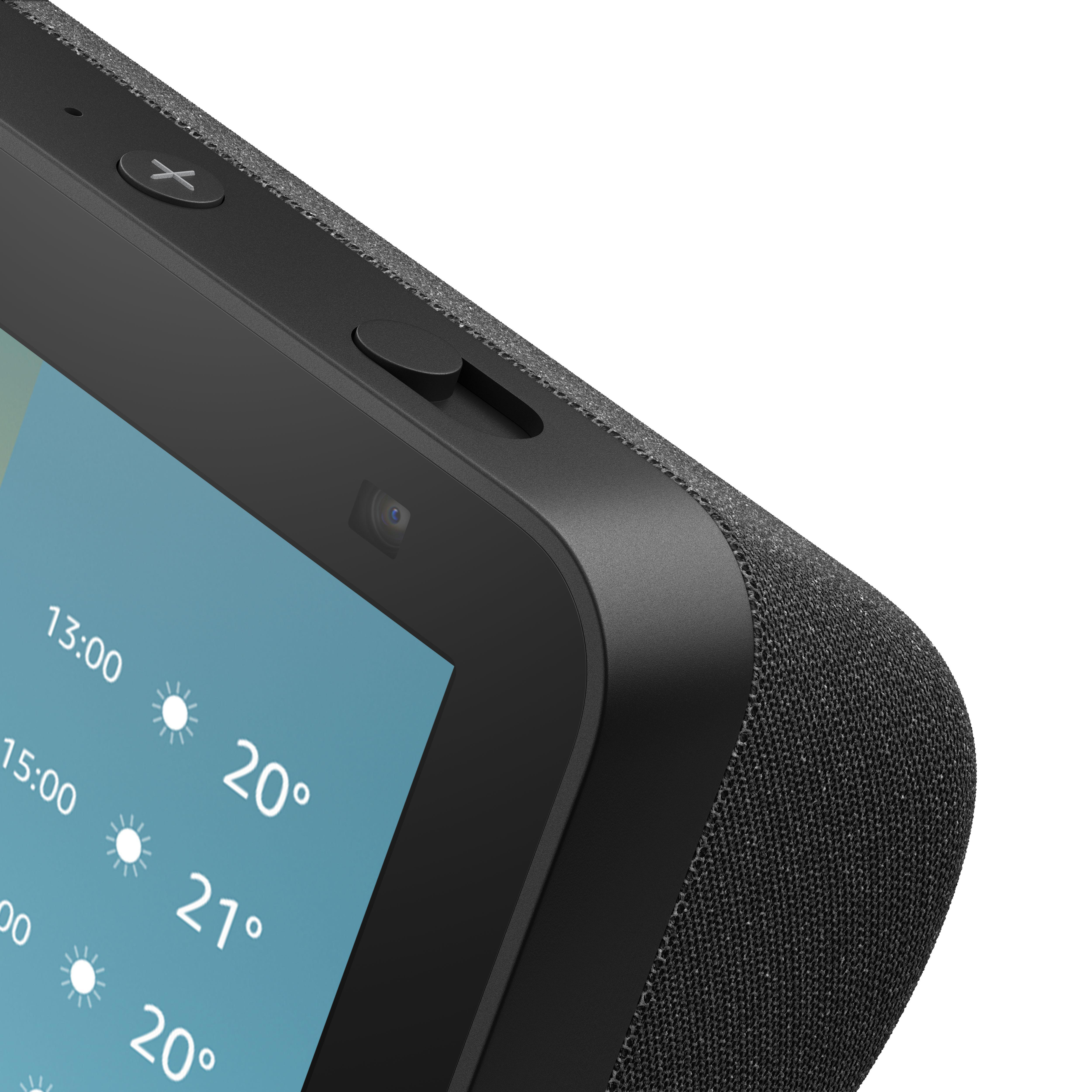 Nahaufnahme eines Amazon Echo Show, mit Wetteranzeige auf dem Display.