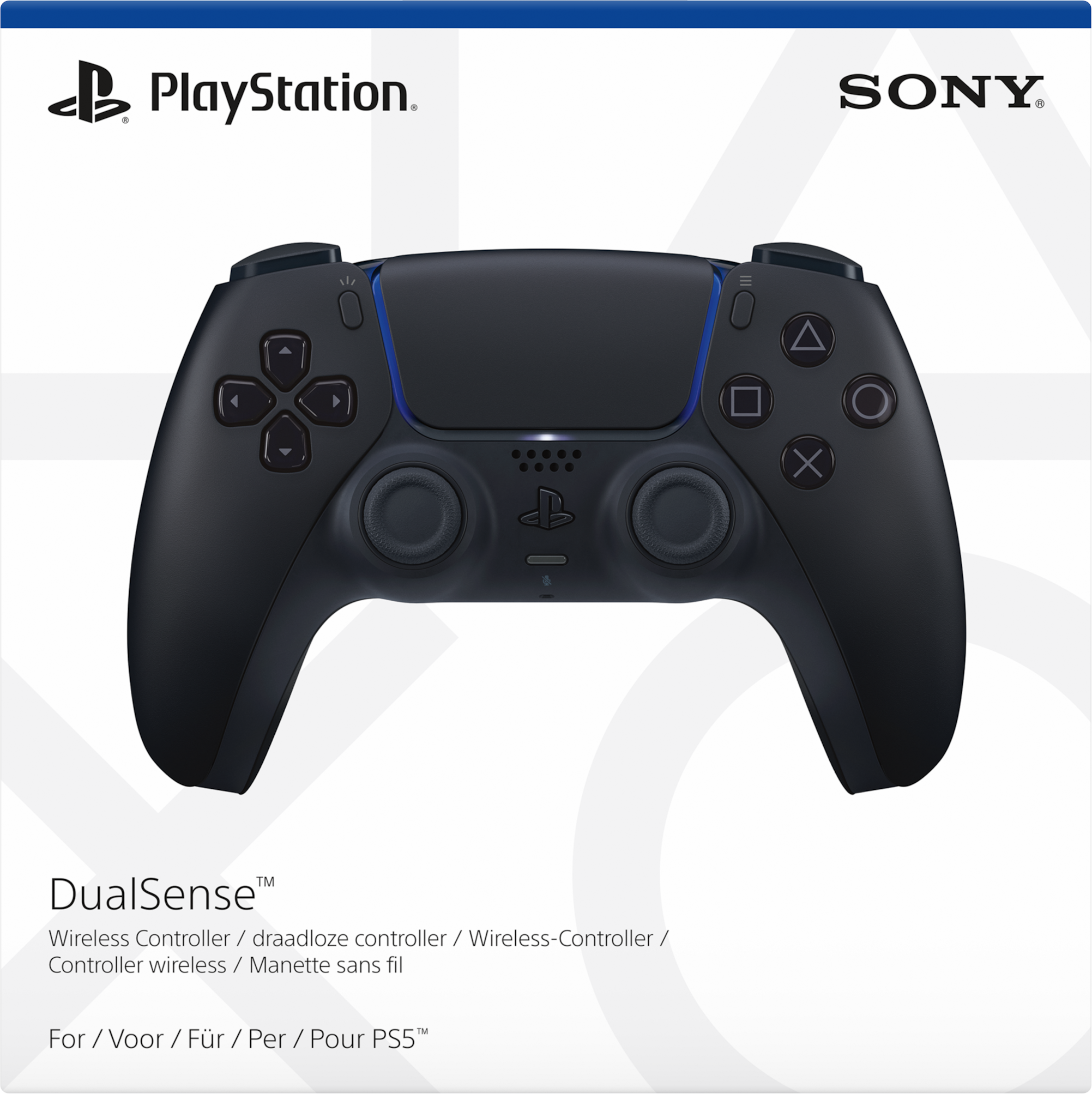 Schwarzer PlayStation DualSense-Controller. Tasten und Touchpad sind sichtbar. Sony-Logo.