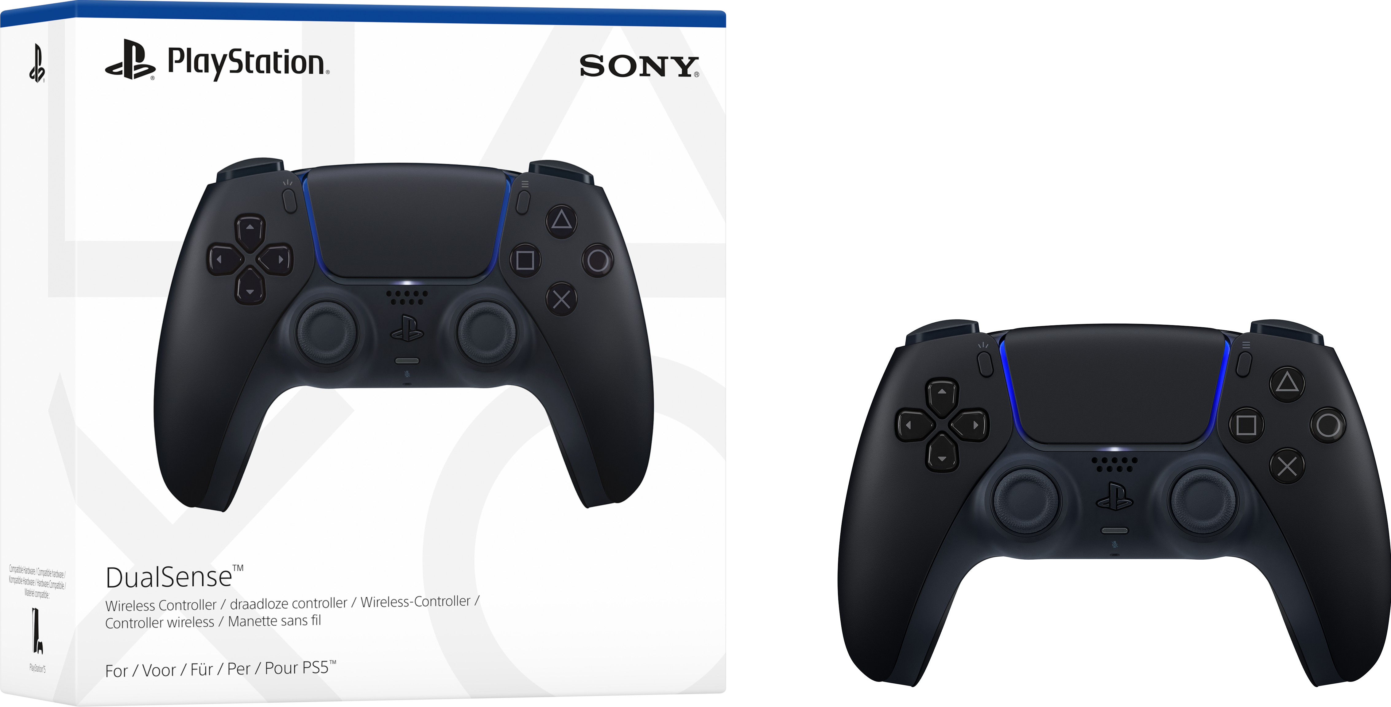 Ein schwarzer PlayStation DualSense Controller und seine Box, beide vor weißem Hintergrund.