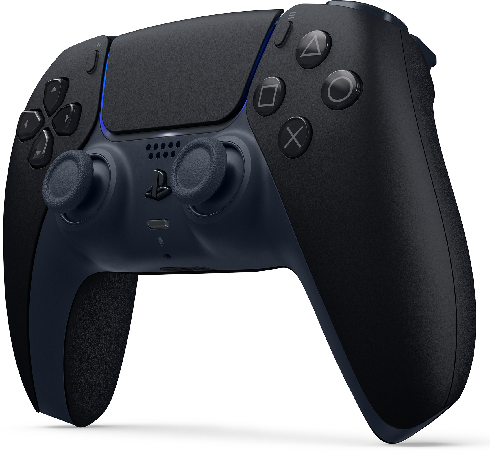 Schwarzer und blauer PlayStation 5-Controller. Hat Knöpfe, Steuerkreuz und Joysticks.