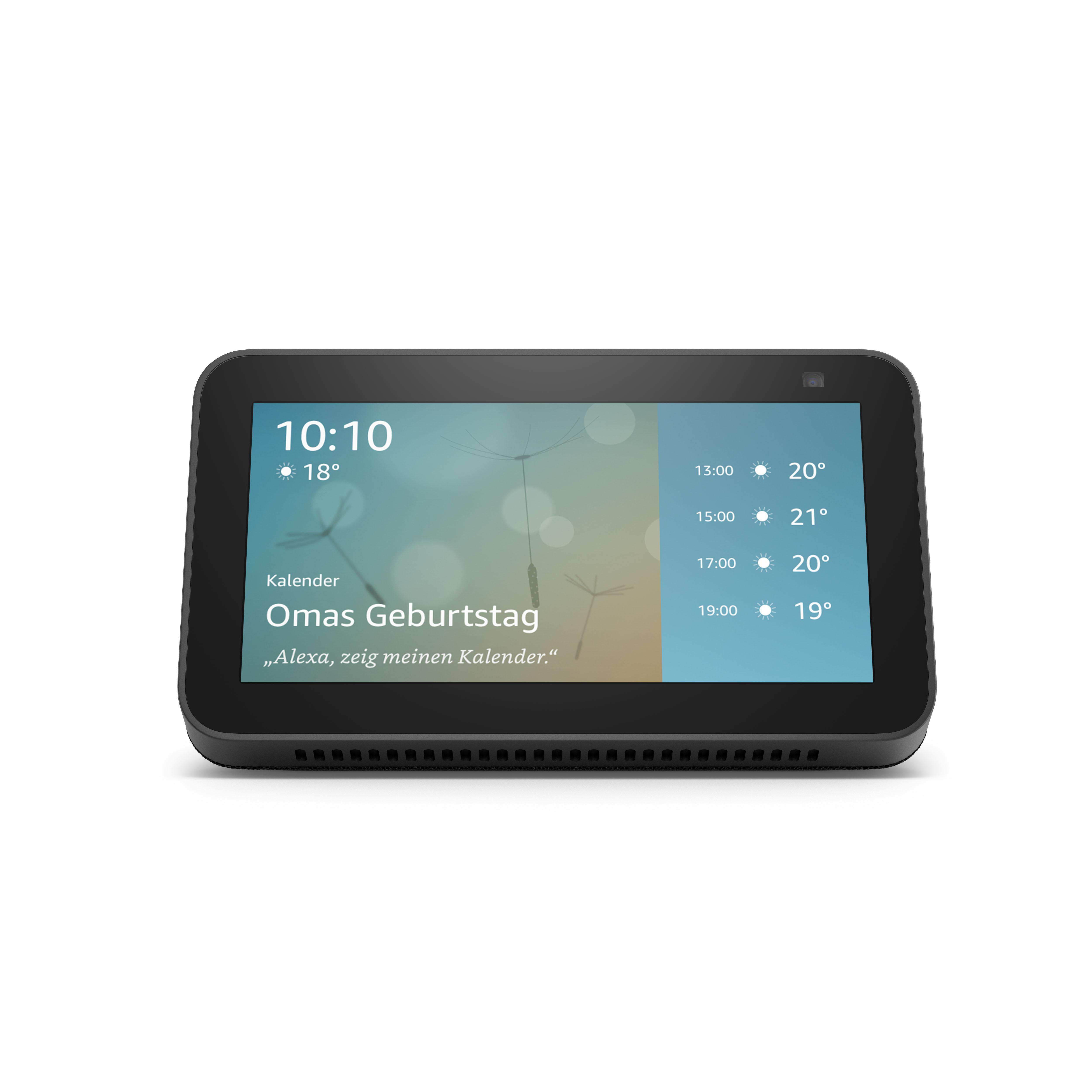 Schwarzes Smart-Display. Zeigt Zeit, Wetter und Kalenderinformationen. Weißer Hintergrund.
