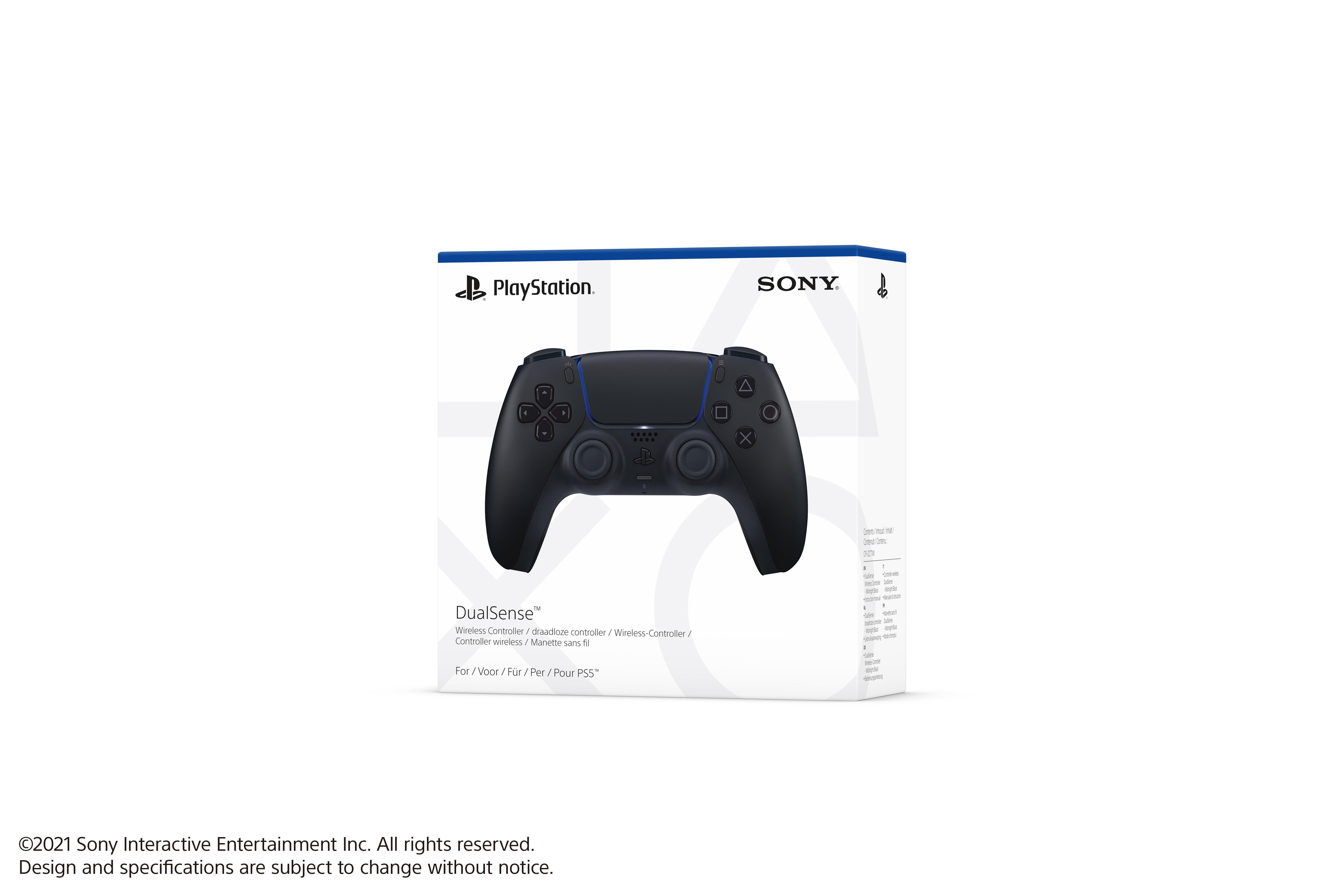 PlayStation 5 DualSense Controller Box. Bild des schwarzen Controllers auf der Vorderseite.
