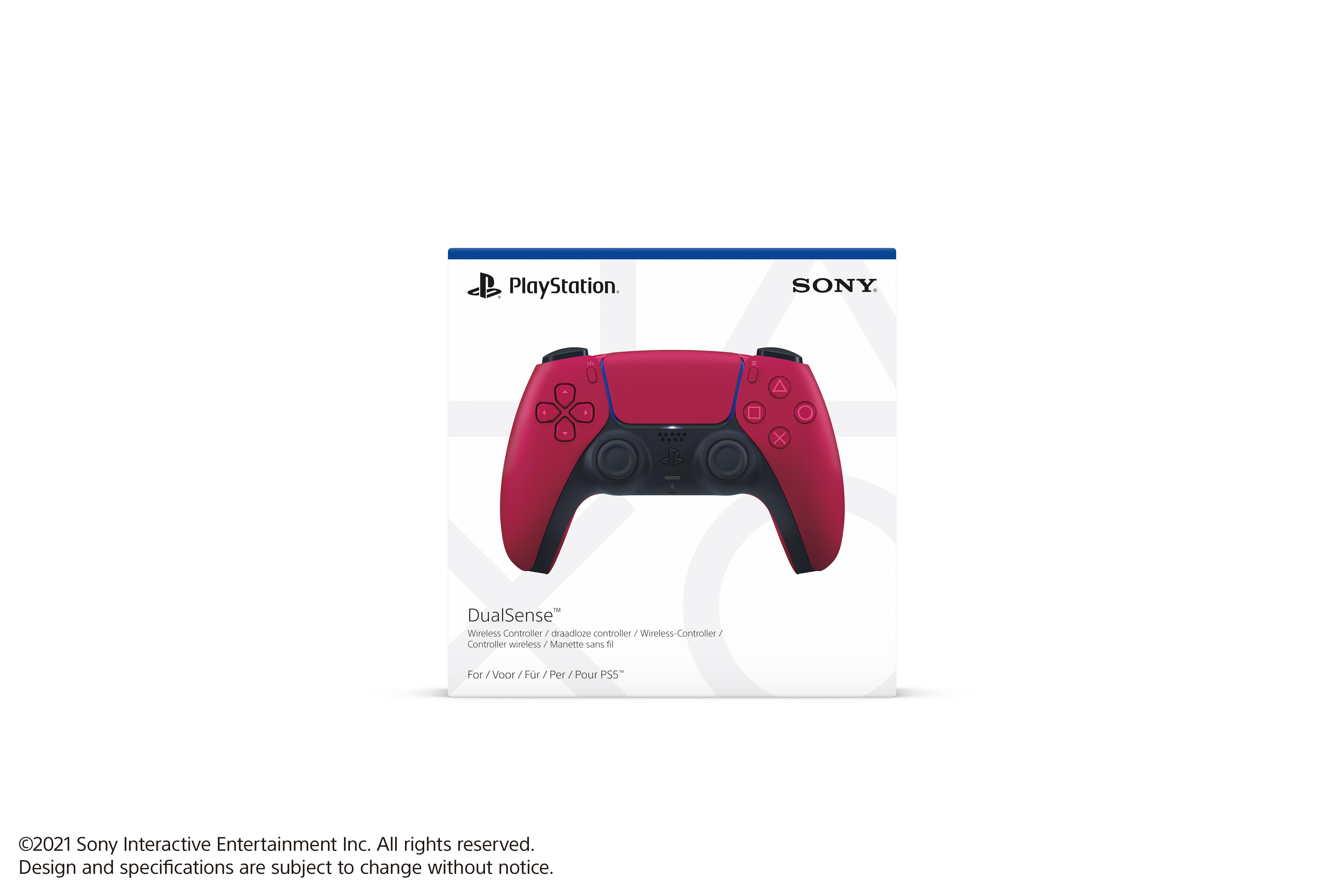 Ein PlayStation DualSense-Controller in einer Box. Es ist rot und weiß.