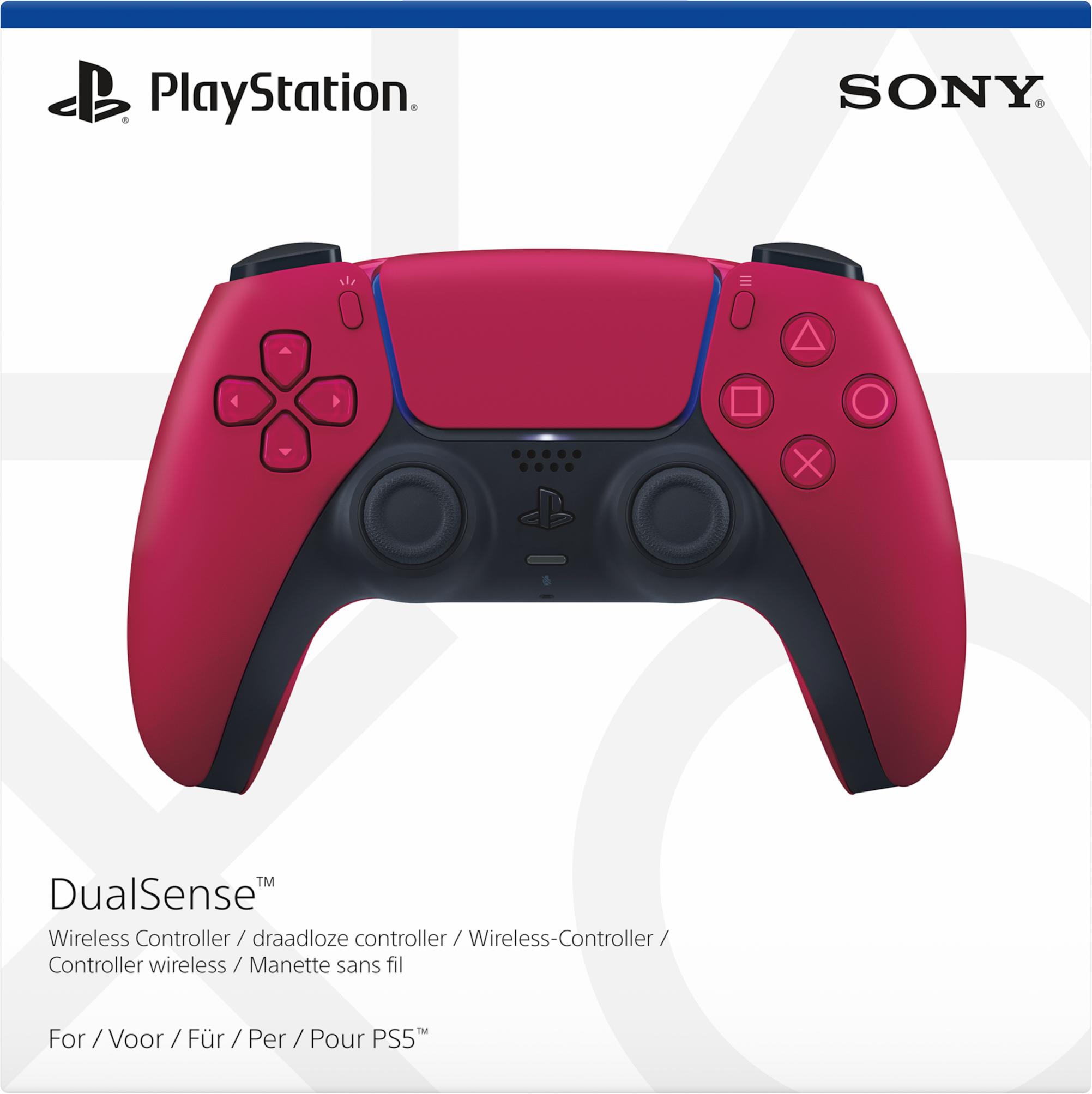 Ein roter PlayStation DualSense-Controller. Es hat Tasten und schwarze Thumbstick-Pads.