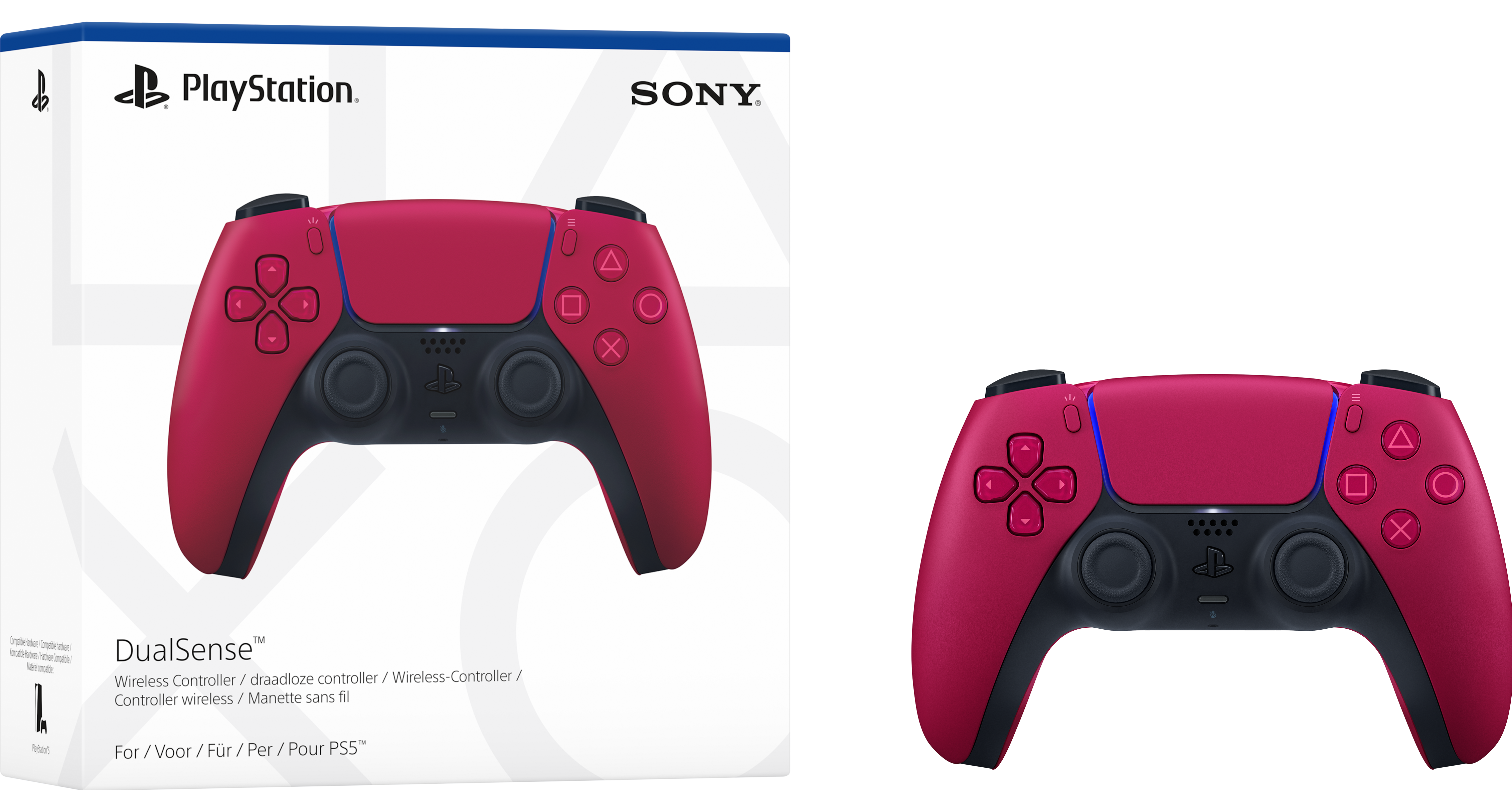 Ein roter DualSense Wireless-Controller mit schwarzer Box und Text. Auch die rechte Seite wird gezeigt.