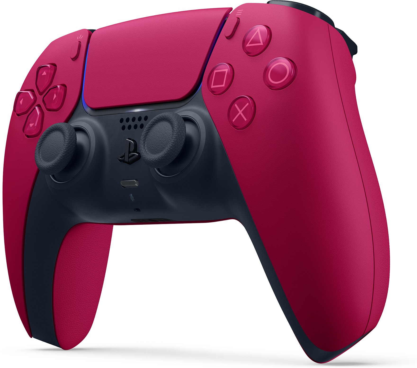 Ein roter und schwarzer PS5 DualSense-Controller. Tasten sind sichtbar. Der Hintergrund ist schwarz.