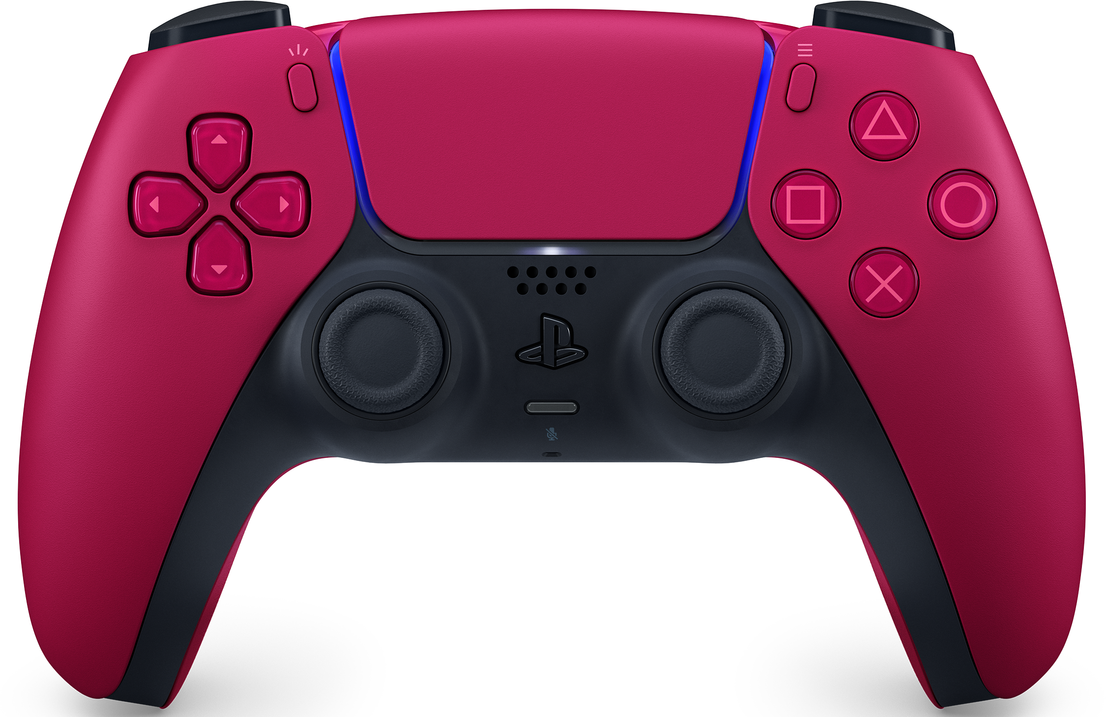 Burgunderroter PlayStation 5 Controller. Die Tasten, das Touchpad und das PlayStation-Logo sind sichtbar. Schwarzer Hintergrund.
