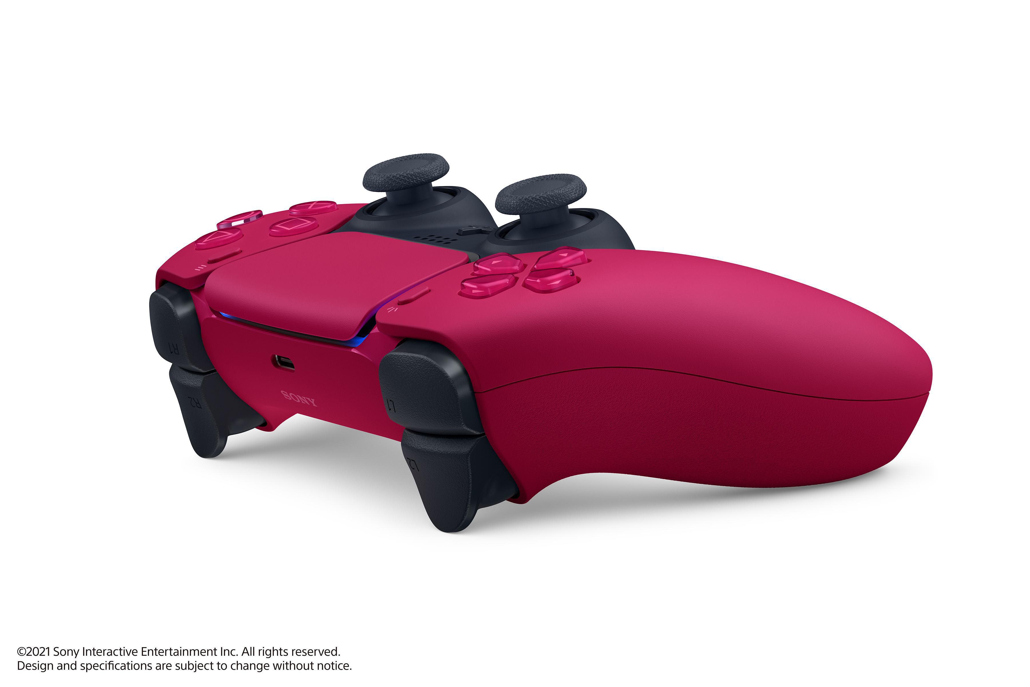 Roter und schwarzer PlayStation-Controller. Weißer Hintergrund.