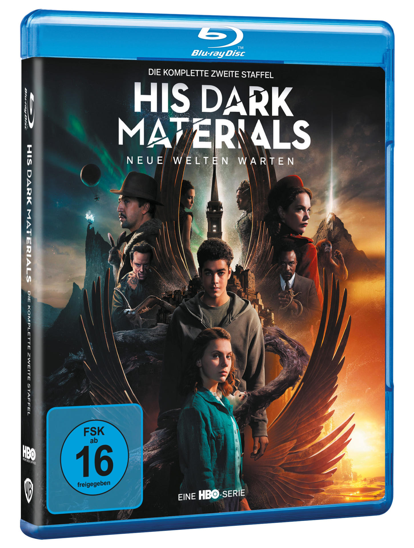 Blu-ray-Cover von 'His Dark Materials' mit einer Gruppe von Personen und einem düsteren Fantasy-Setting.