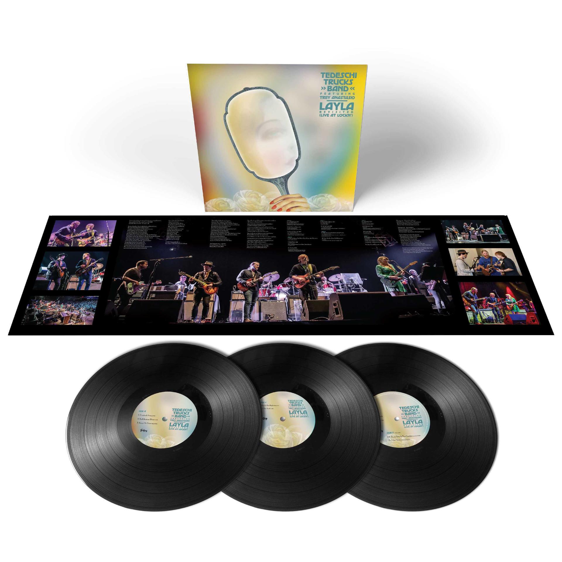 Pochette d'album, disques vinyles. L'album a un visage en miroir. Les disques sont noirs avec des étiquettes blanches.