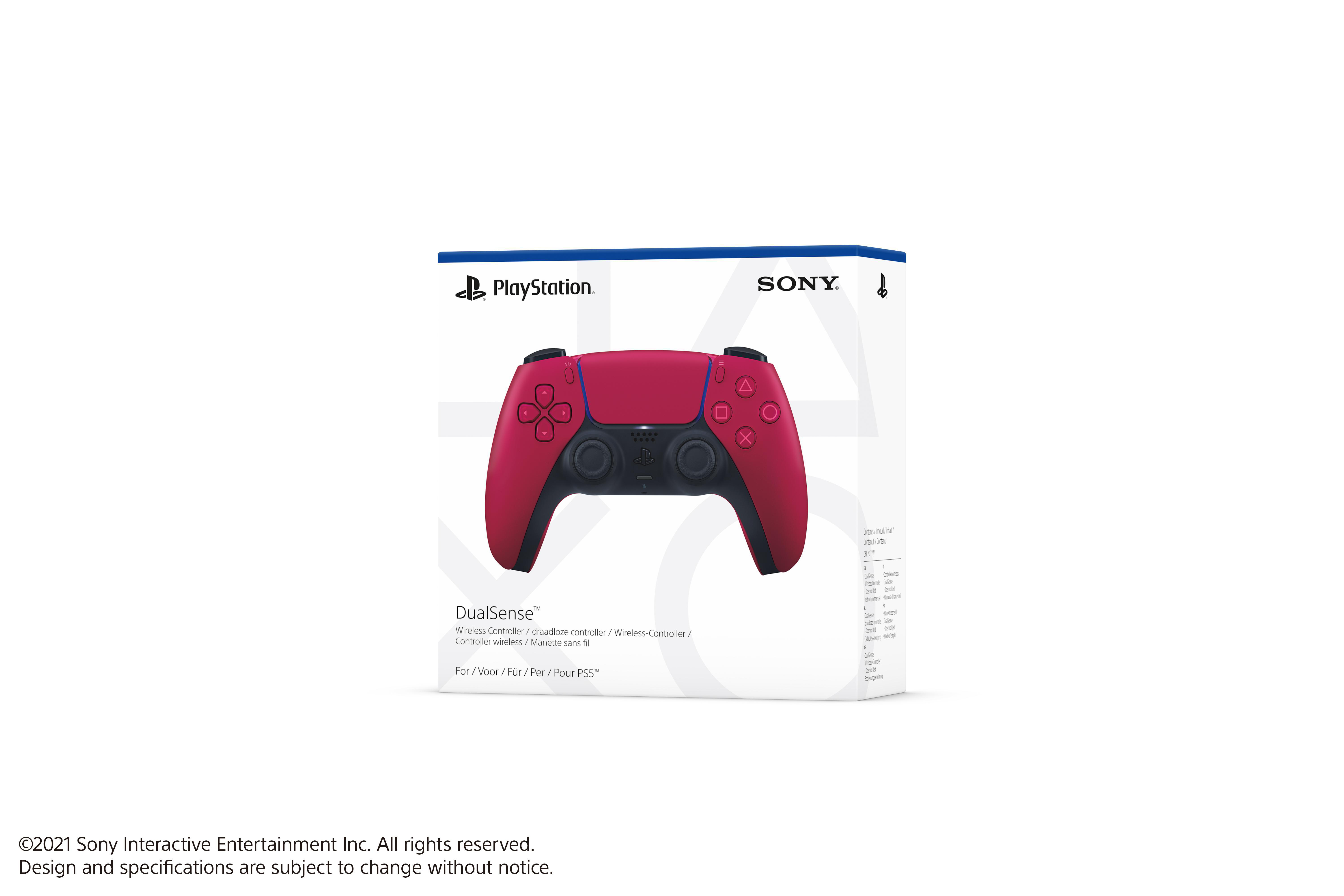 Ein roter und schwarzer PlayStation DualSense-Controller in einer weißen Box.