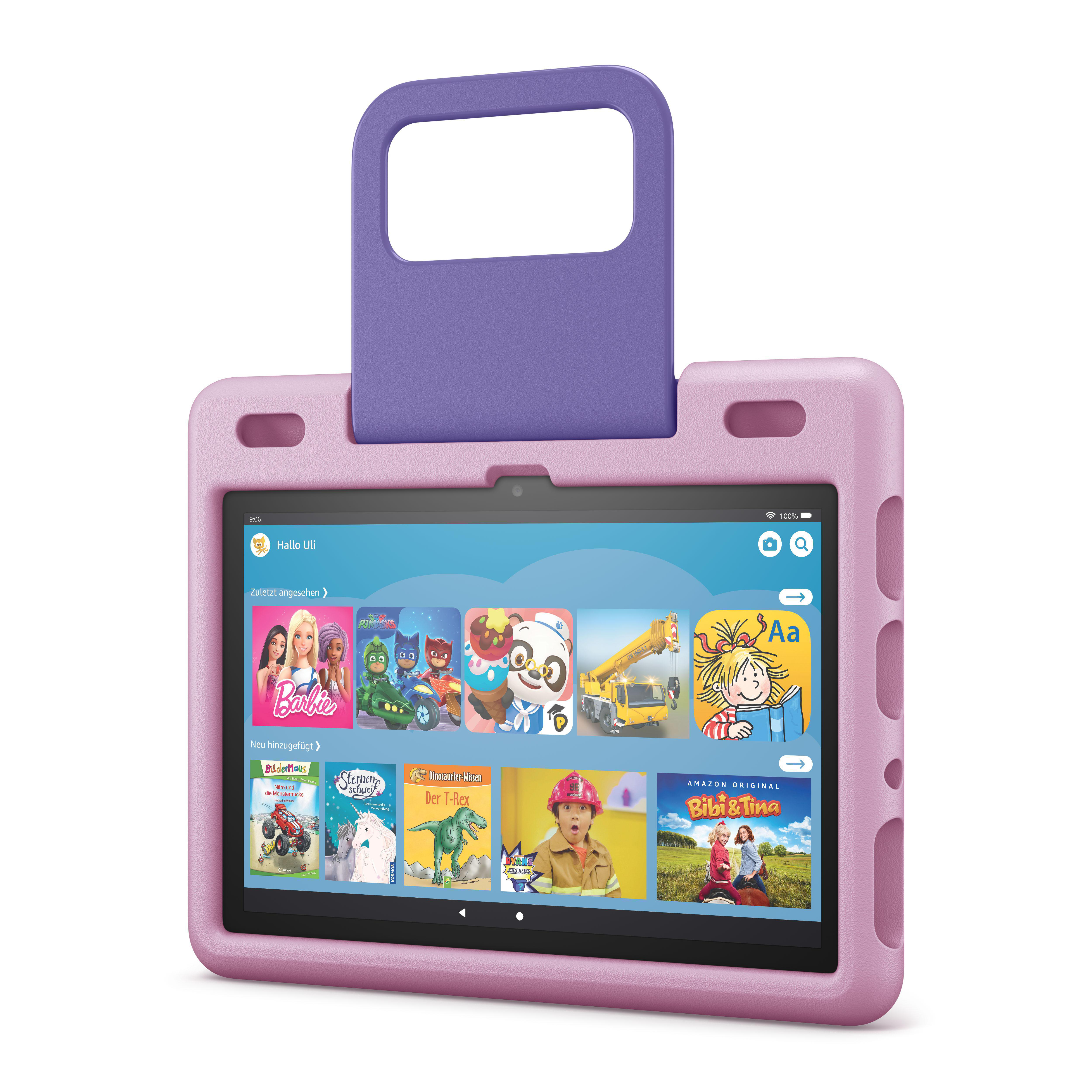 Ein rosa Tablet mit lila Griff und einem Bildschirm mit bunten Kinder-App-Symbolen.