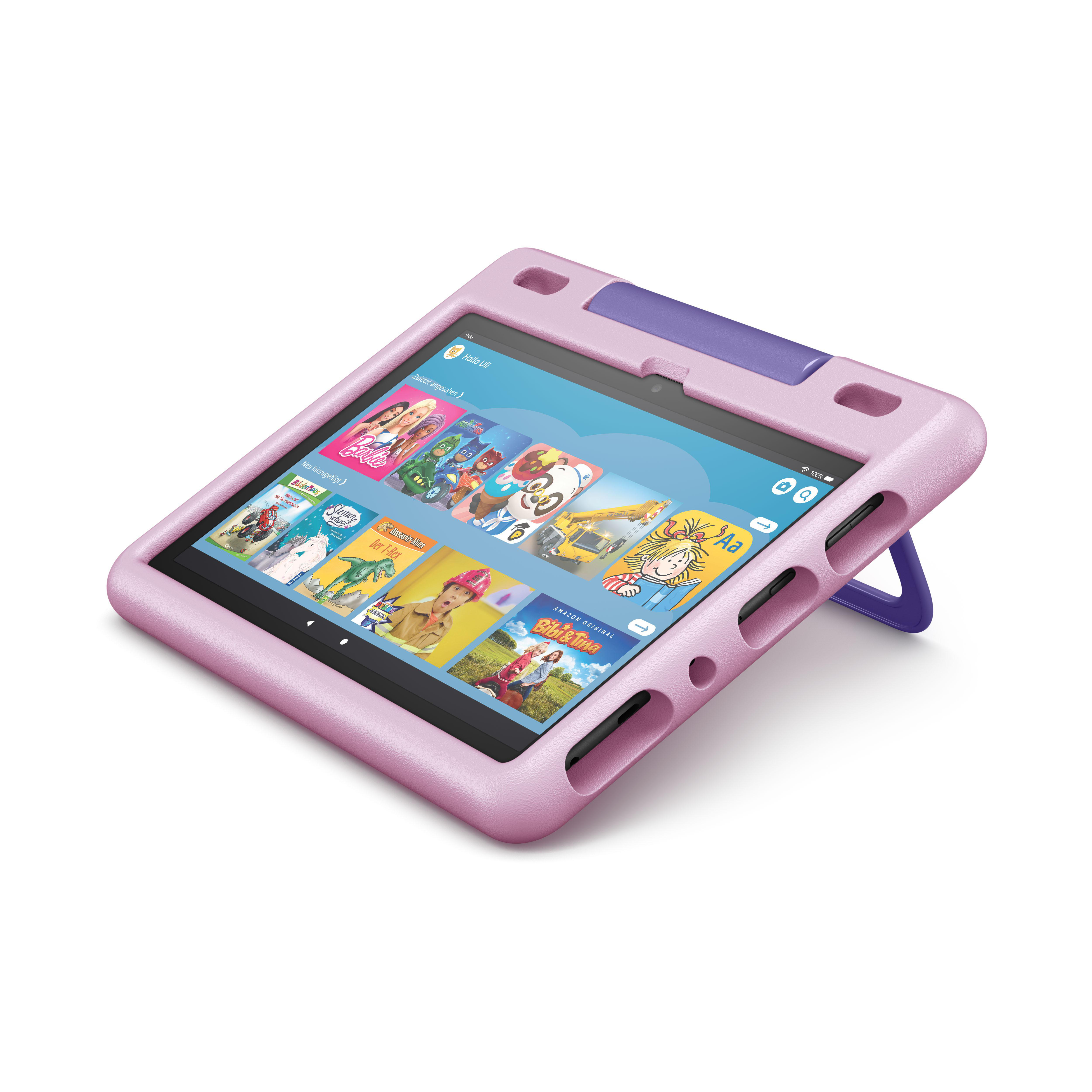 Ein rosa Tablet mit einem lila Ständer. Der Bildschirm zeigt bunte Zeichentrickfilme für Kinder.