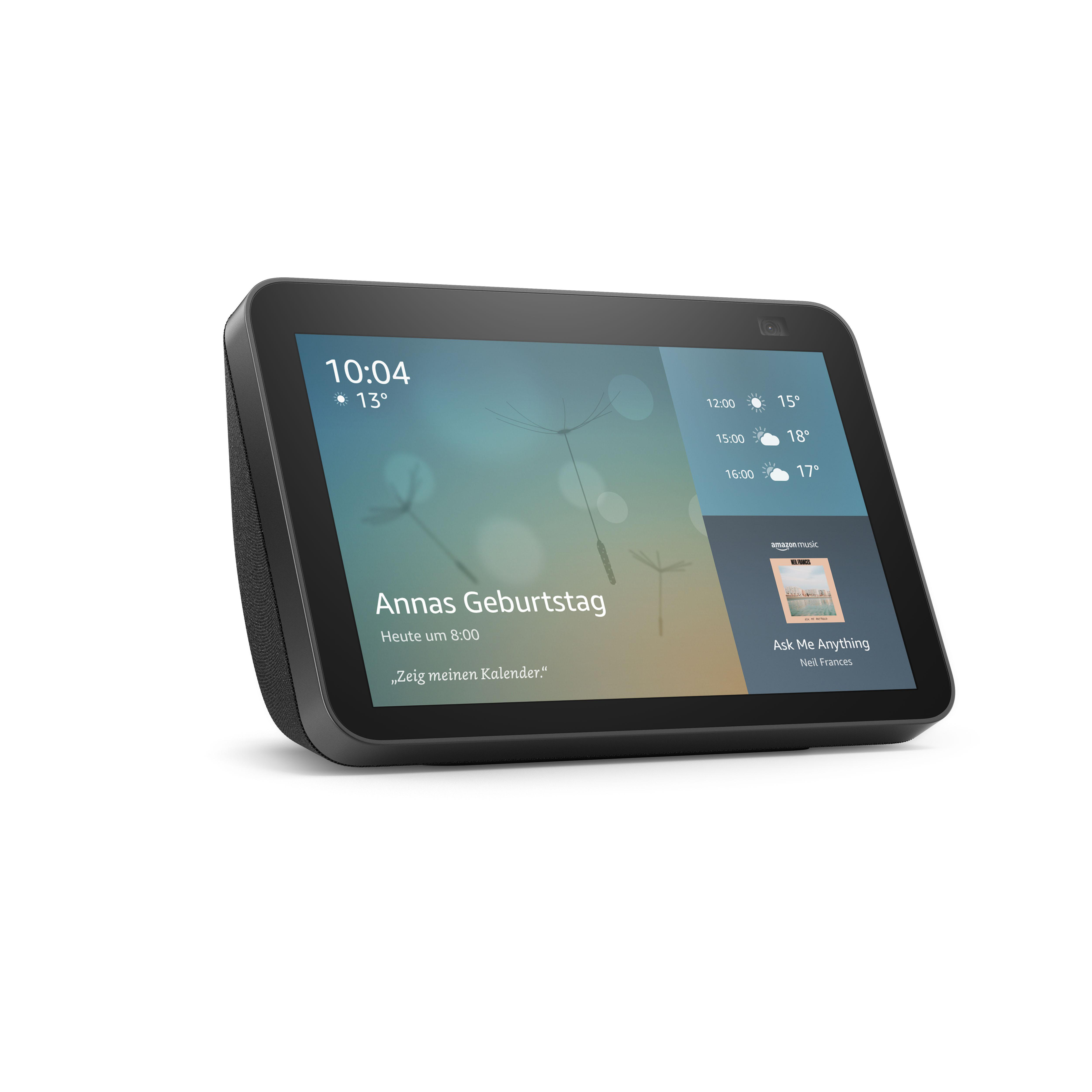 Schwarzes Smart Display mit Uhrzeit, Wetter und Kalendereintrag. Der Bildschirm ist an.
