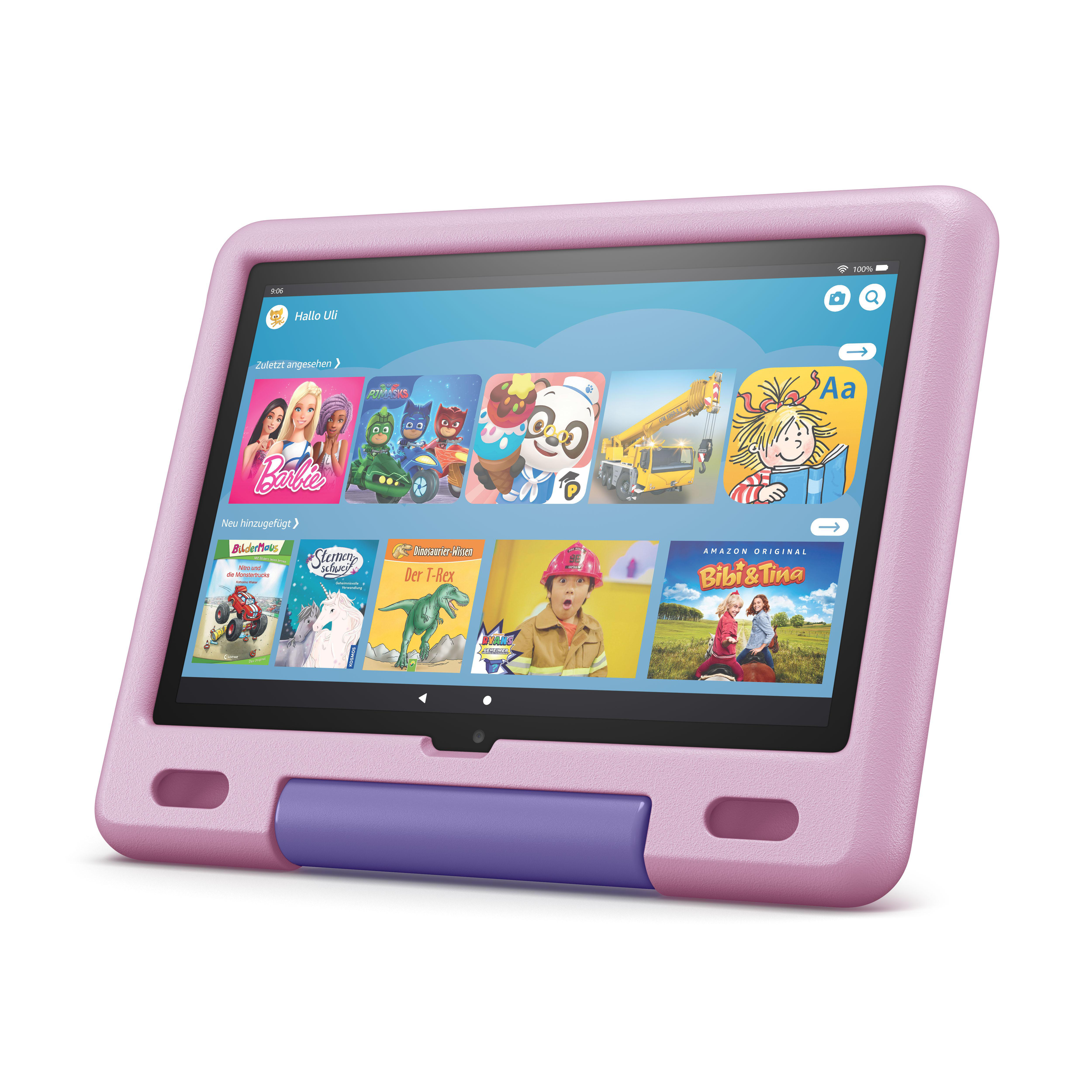 Ein rosa Tablet mit einem lila Ständer. Der Bildschirm zeigt verschiedene Kinder-Apps und Cartoons.