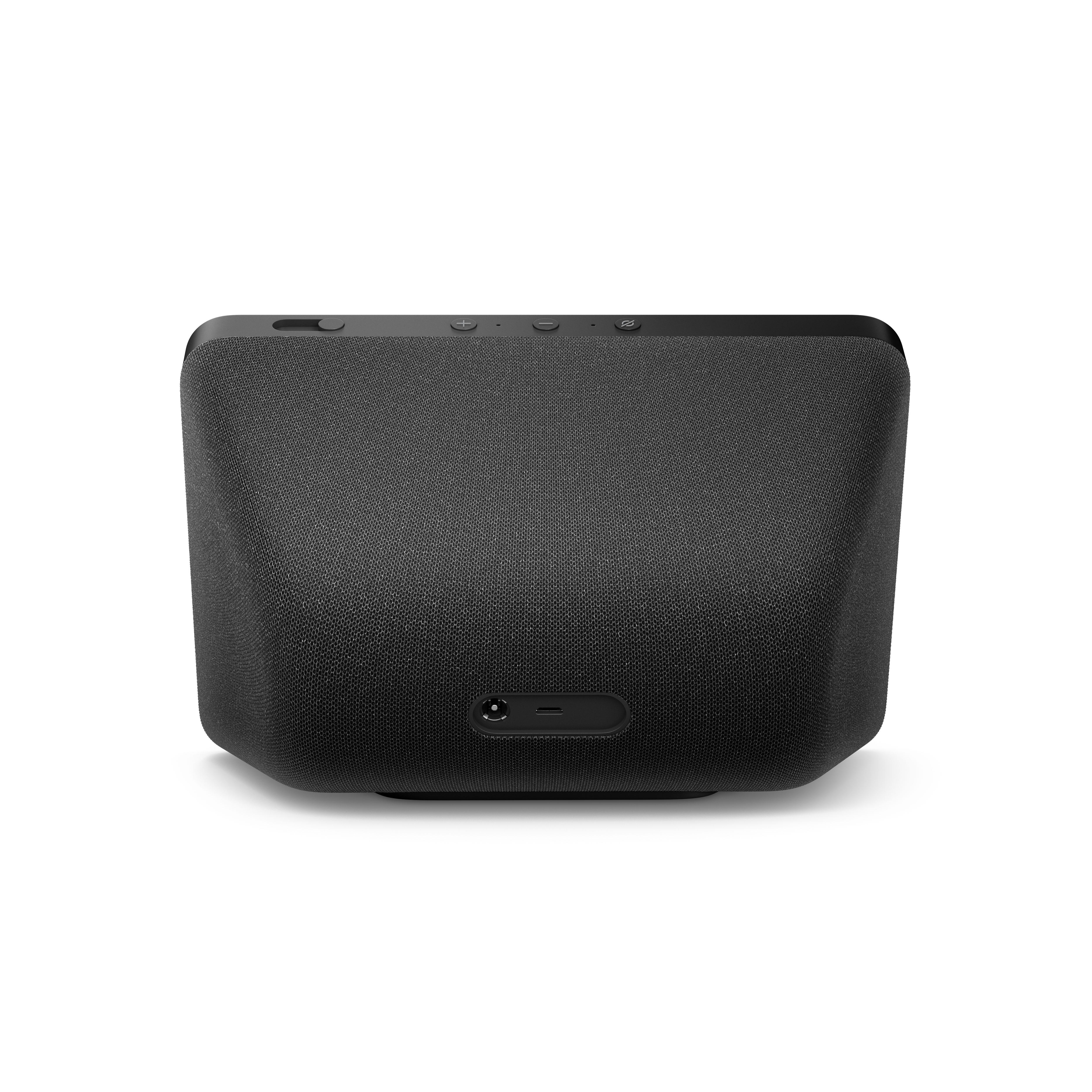 Ein schwarzer Smart Speaker mit Stoffstruktur und Bedientasten oben.