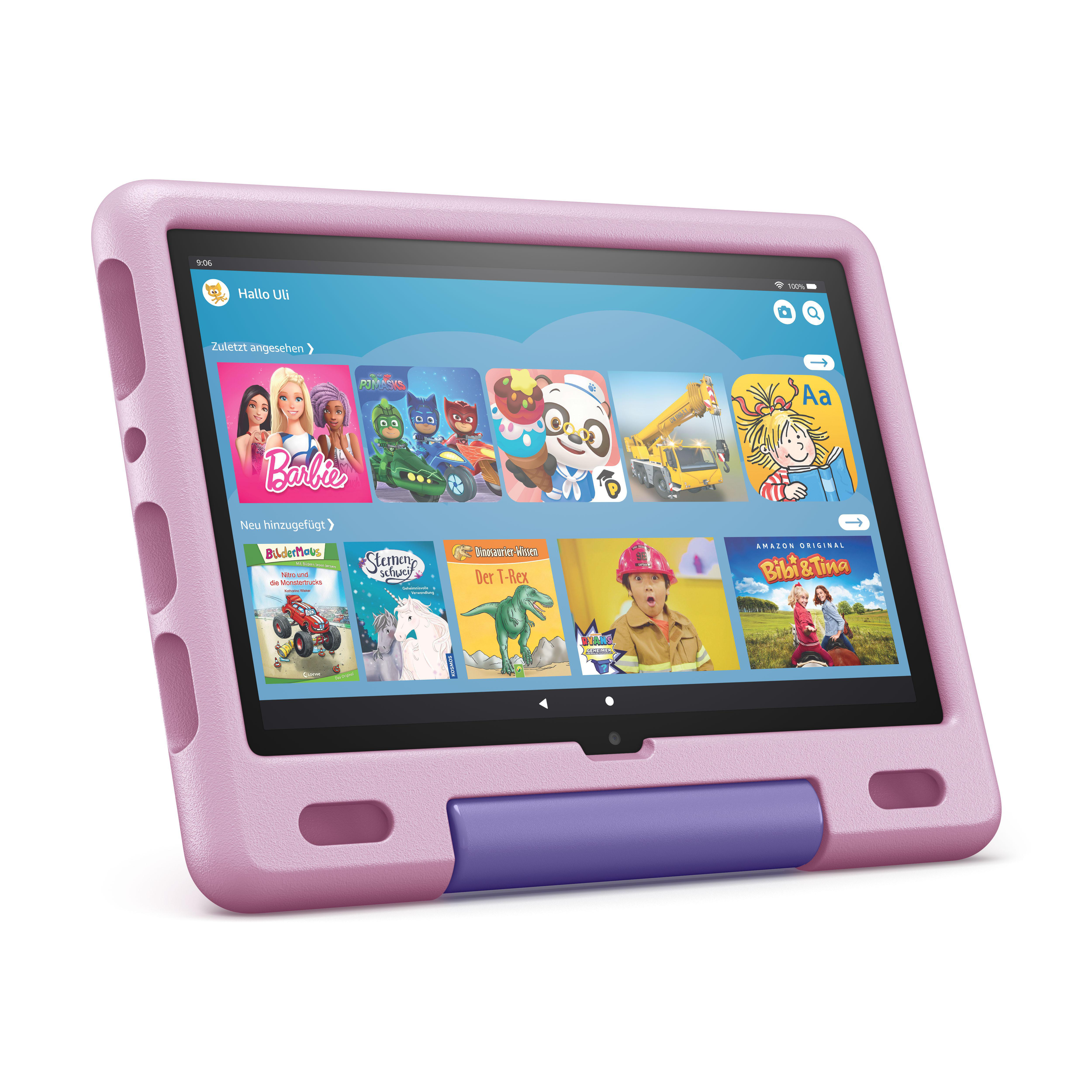 Rosa Tablet mit Kinderoberfläche. Hat einen lila Griff und Stoßfänger.