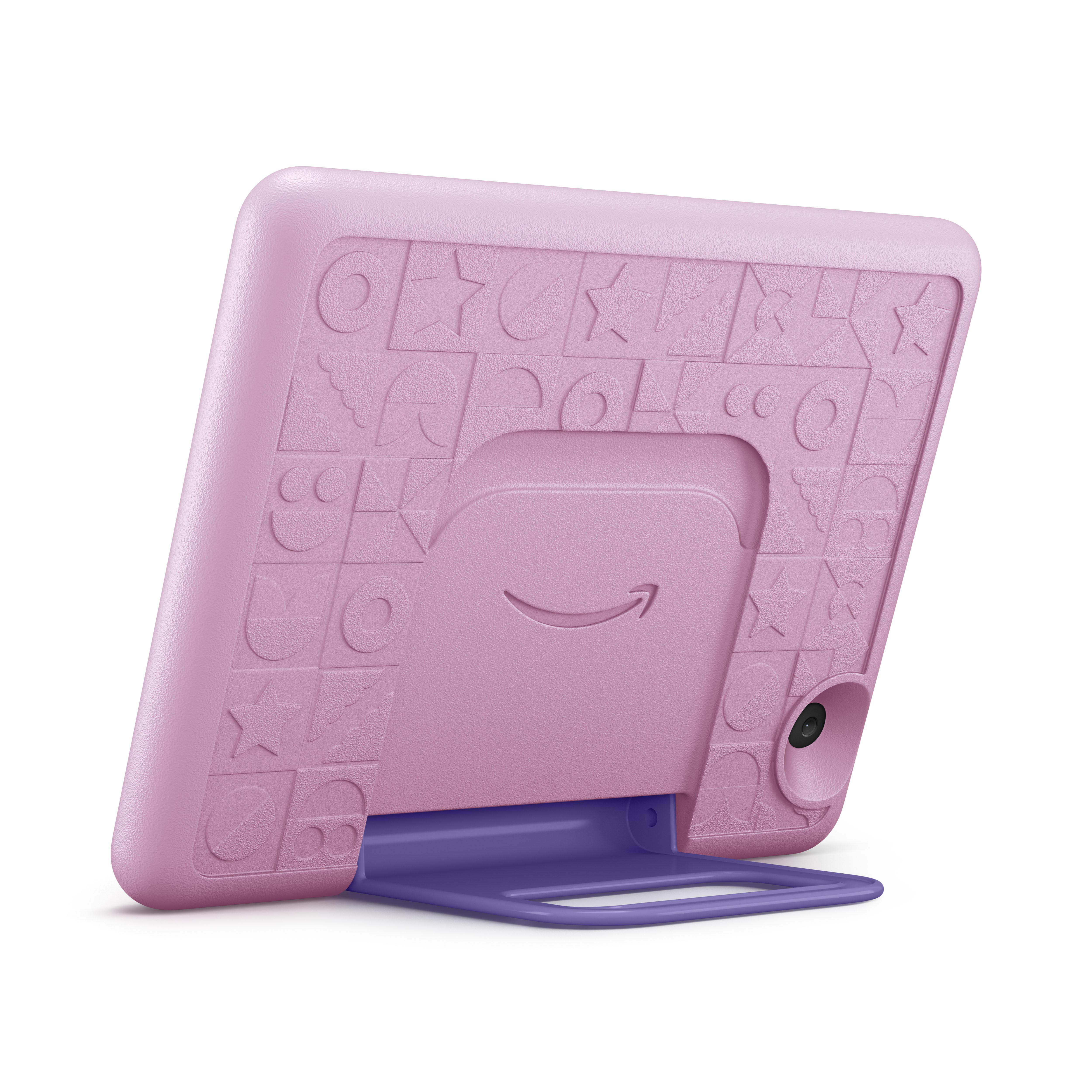 Ein rosa Tablet mit lila Ständer, zeigt das Rückendesign.