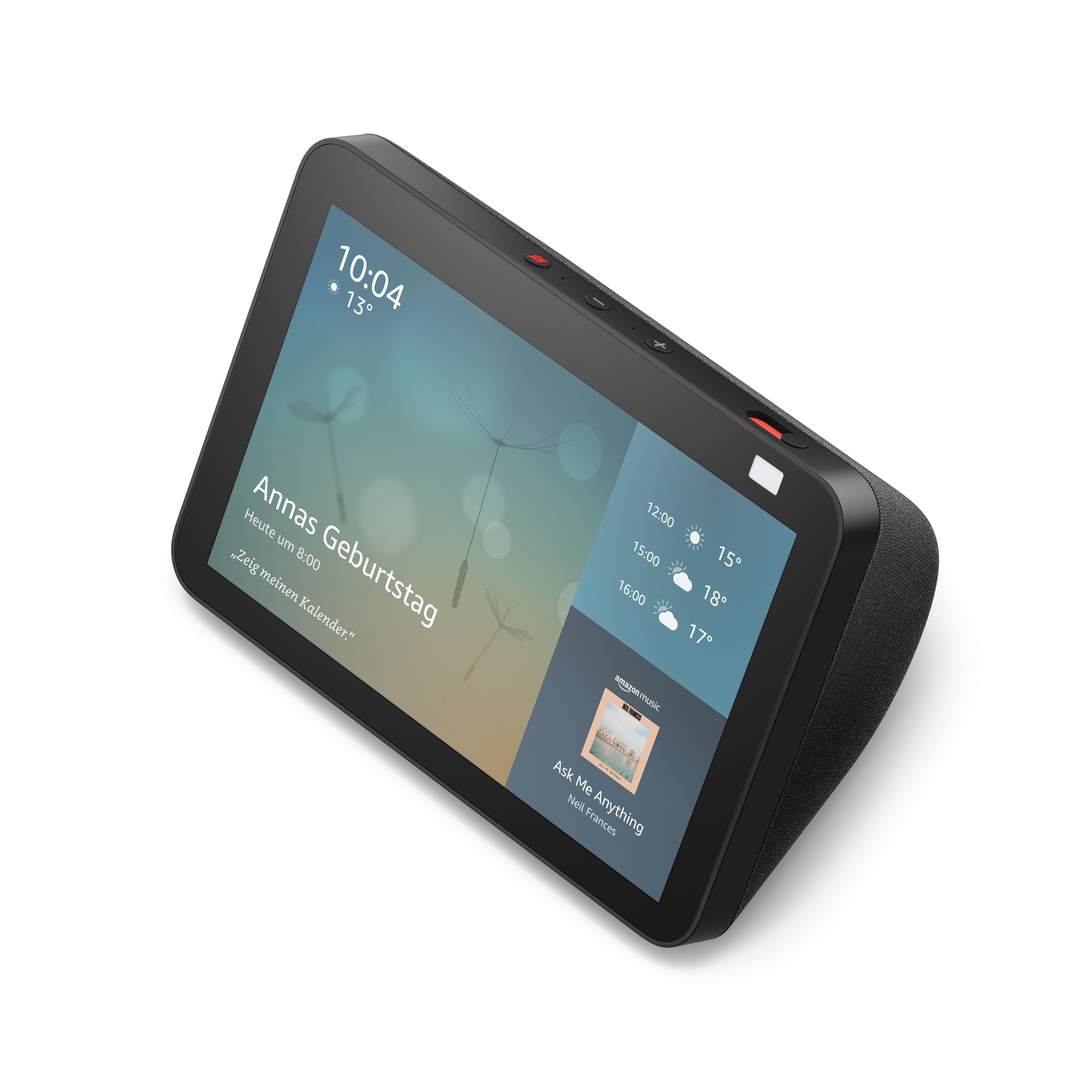 Schwarzes Smart Display mit Kalender- und Wetterinformationen. Das Gerät hat eine schwarze Stoffrückseite.