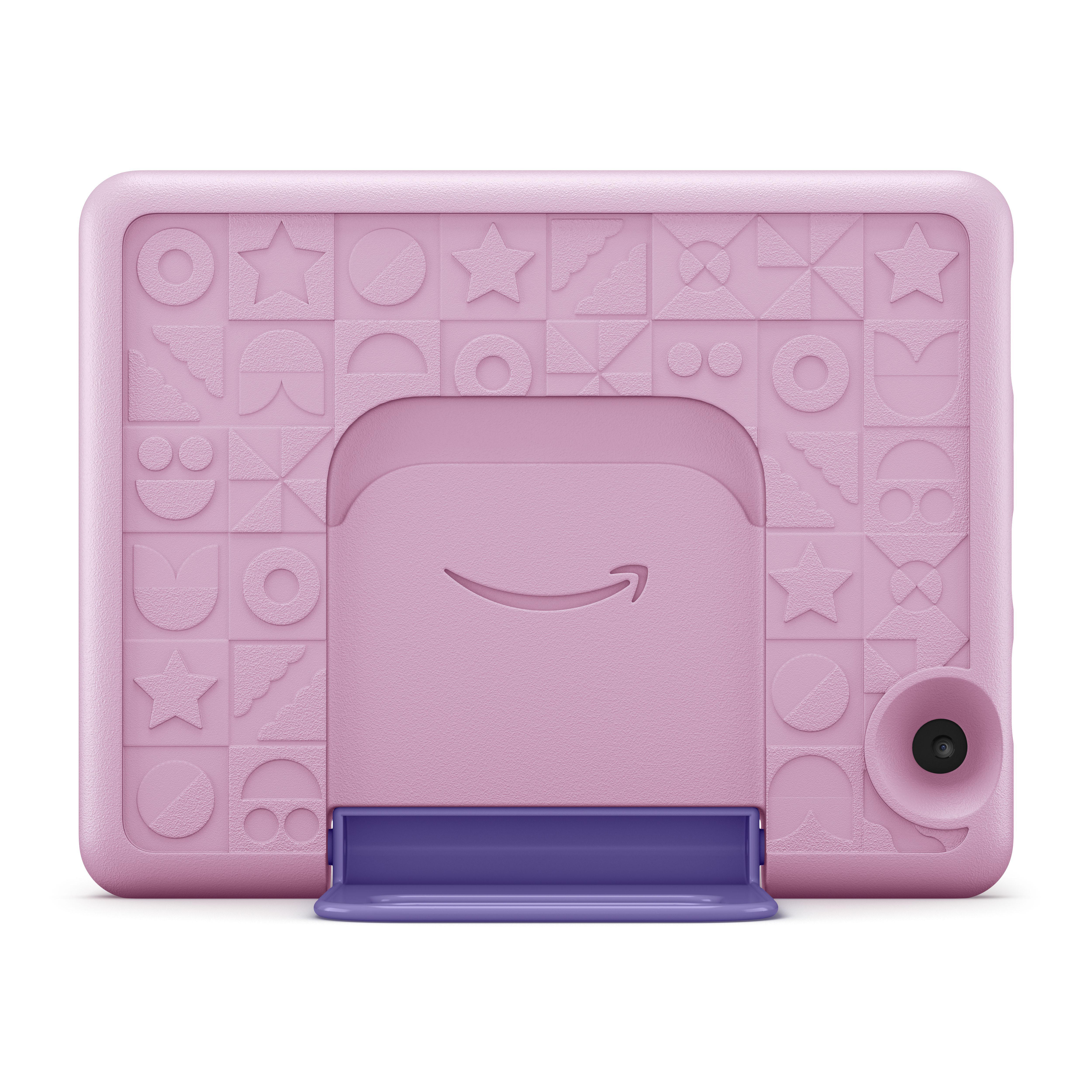 Rückseite des rosa Tablets mit Amazon-Logo, Muster und Kamera.