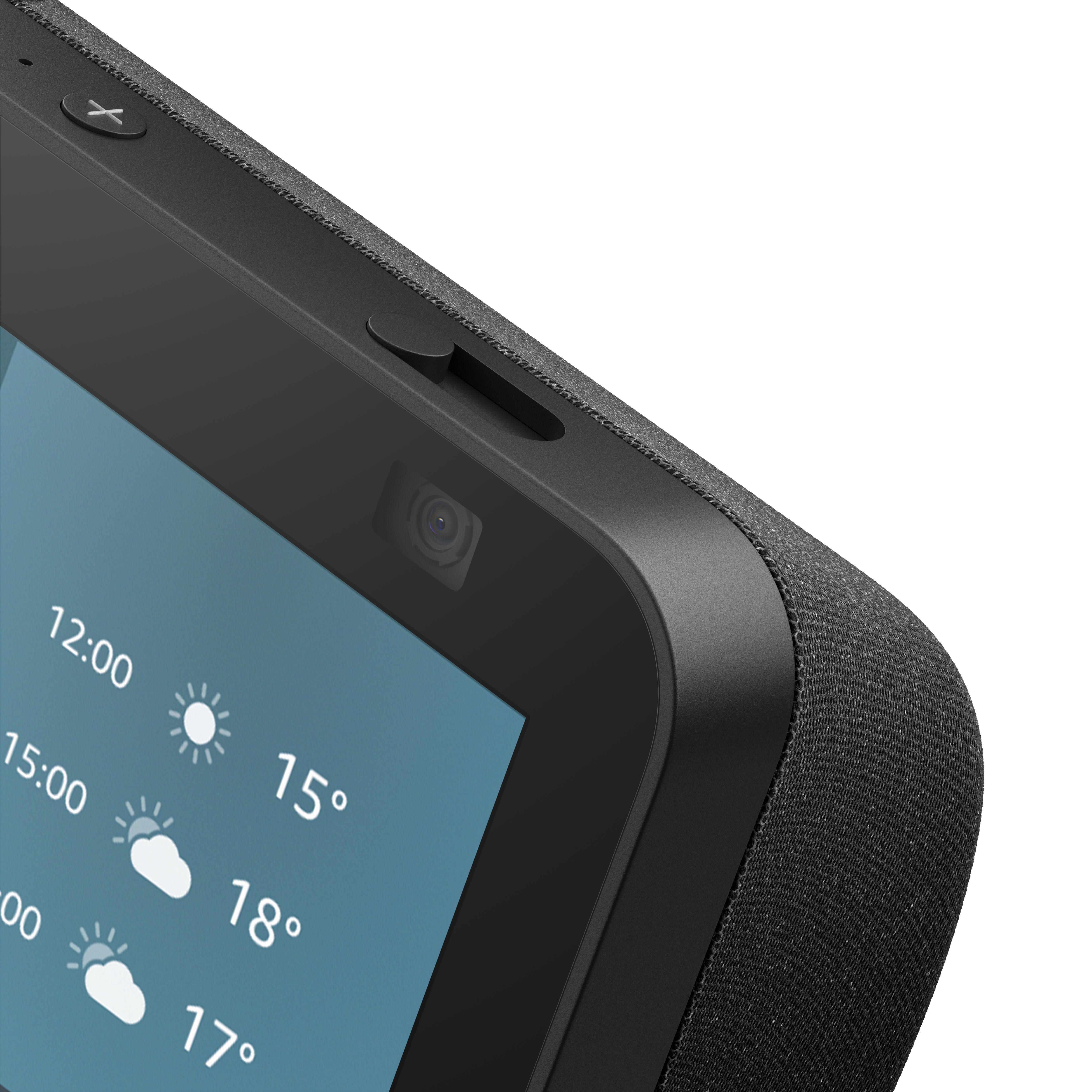 Nahaufnahme eines schwarzen Smart Displays, das Wetterinformationen anzeigt.