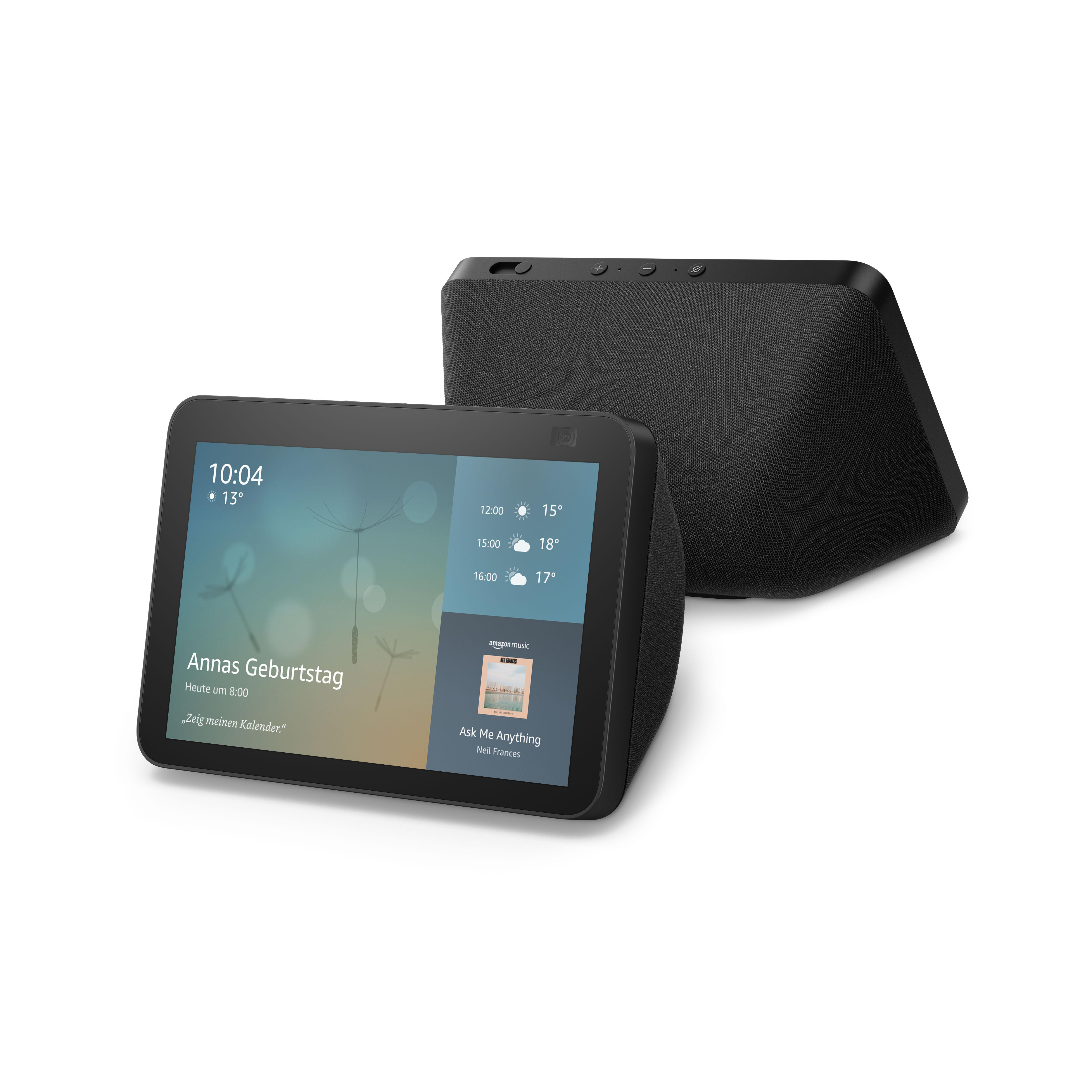 Zwei schwarze Amazon Echo Show Geräte auf weißem Hintergrund. Eines zeigt einen Bildschirm.