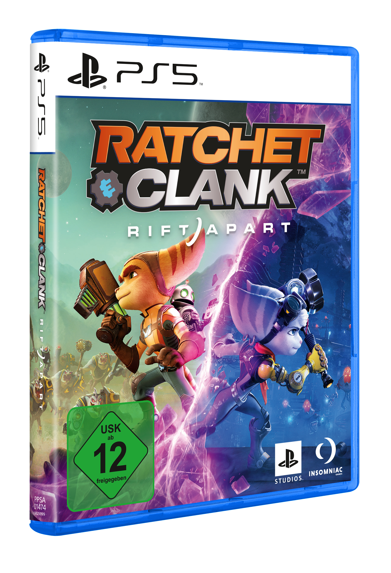 PS5-Spielhülle von Ratchet & Clank: Rift Apart. Cartoon-Charaktere vorne. Blaue Hülle.