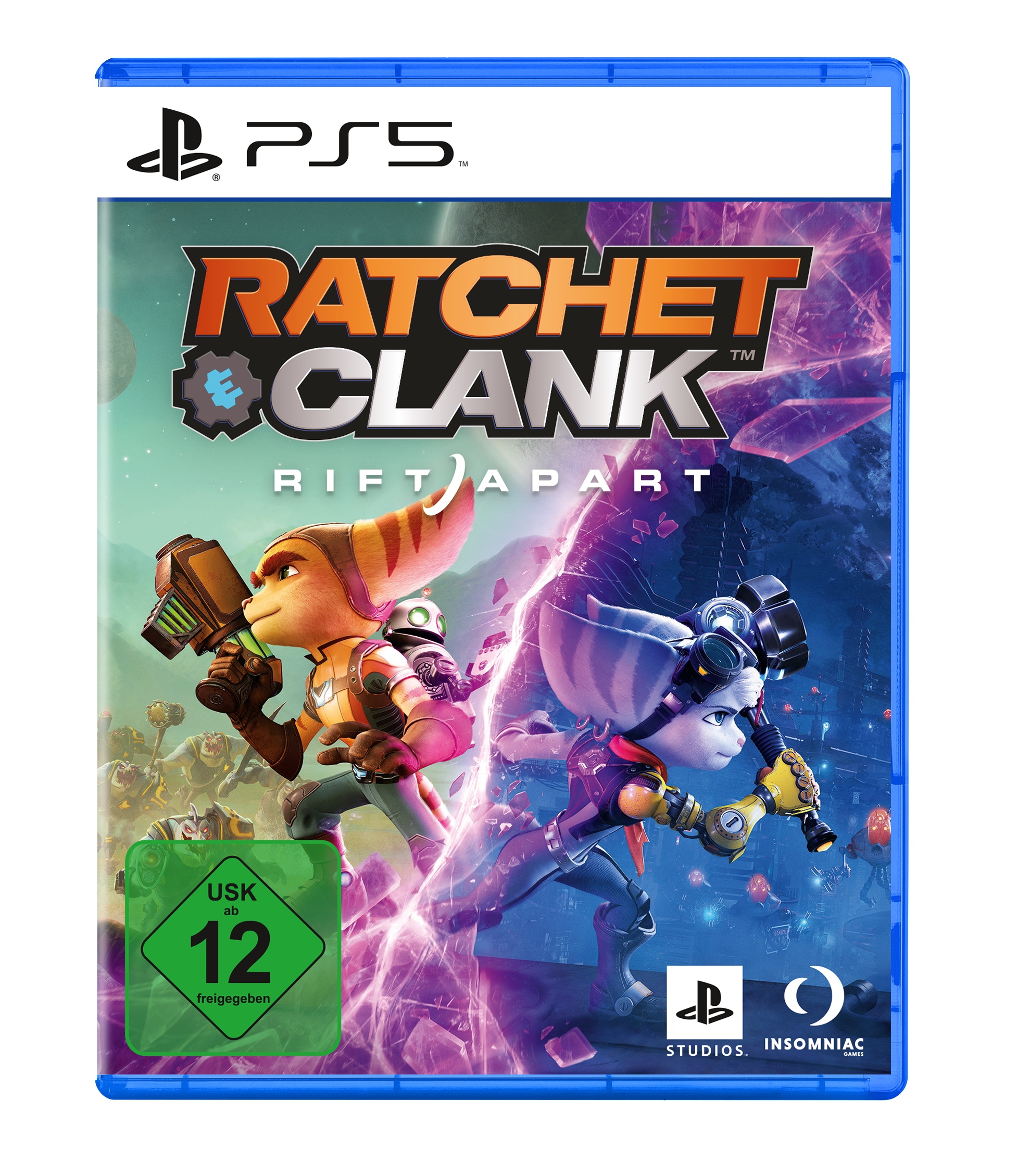 PS5-Spielcover mit Ratchet & Clank-Charakteren, leuchtenden Farben und Spieletitel.