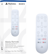 Eine weiße PlayStation Media Remote mit einer Box. Die Fernbedienung hat verschiedene Tasten.