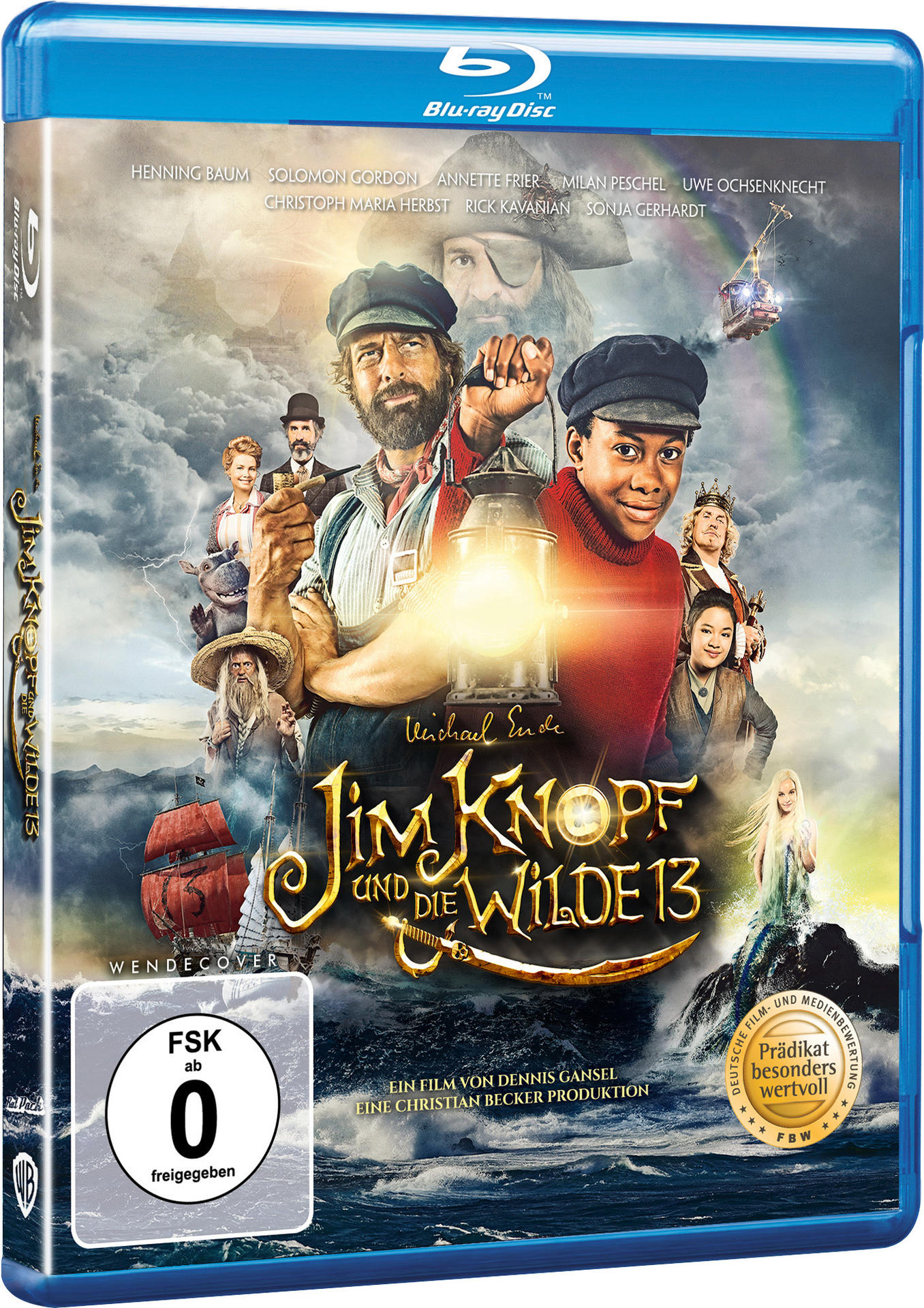 Blu-ray-Disc-Cover von "Jim Knopf". Zwei Männer mit einer Laterne stehen über einem Meer, andere Charaktere sind hinter ihnen.
