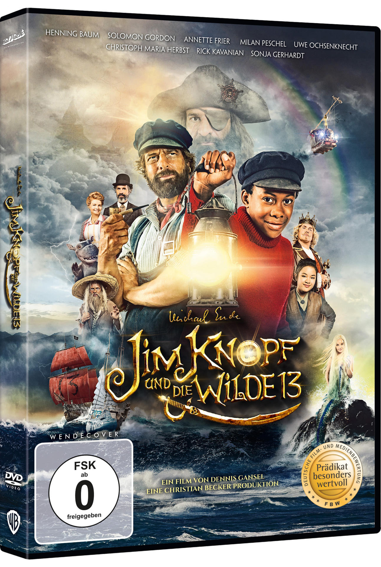 DVD-Cover: Ein Filmplakat mit mehreren Charakteren und einem Piratenschiff. Titel ist 'Jim Knopf'.